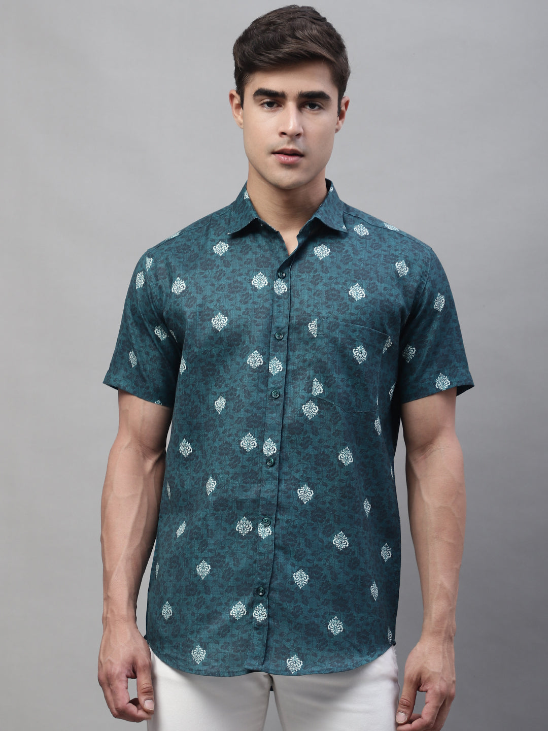 Louis Monarch Men Regular Fit Green Printed Spread Collar Casual Half Shirt