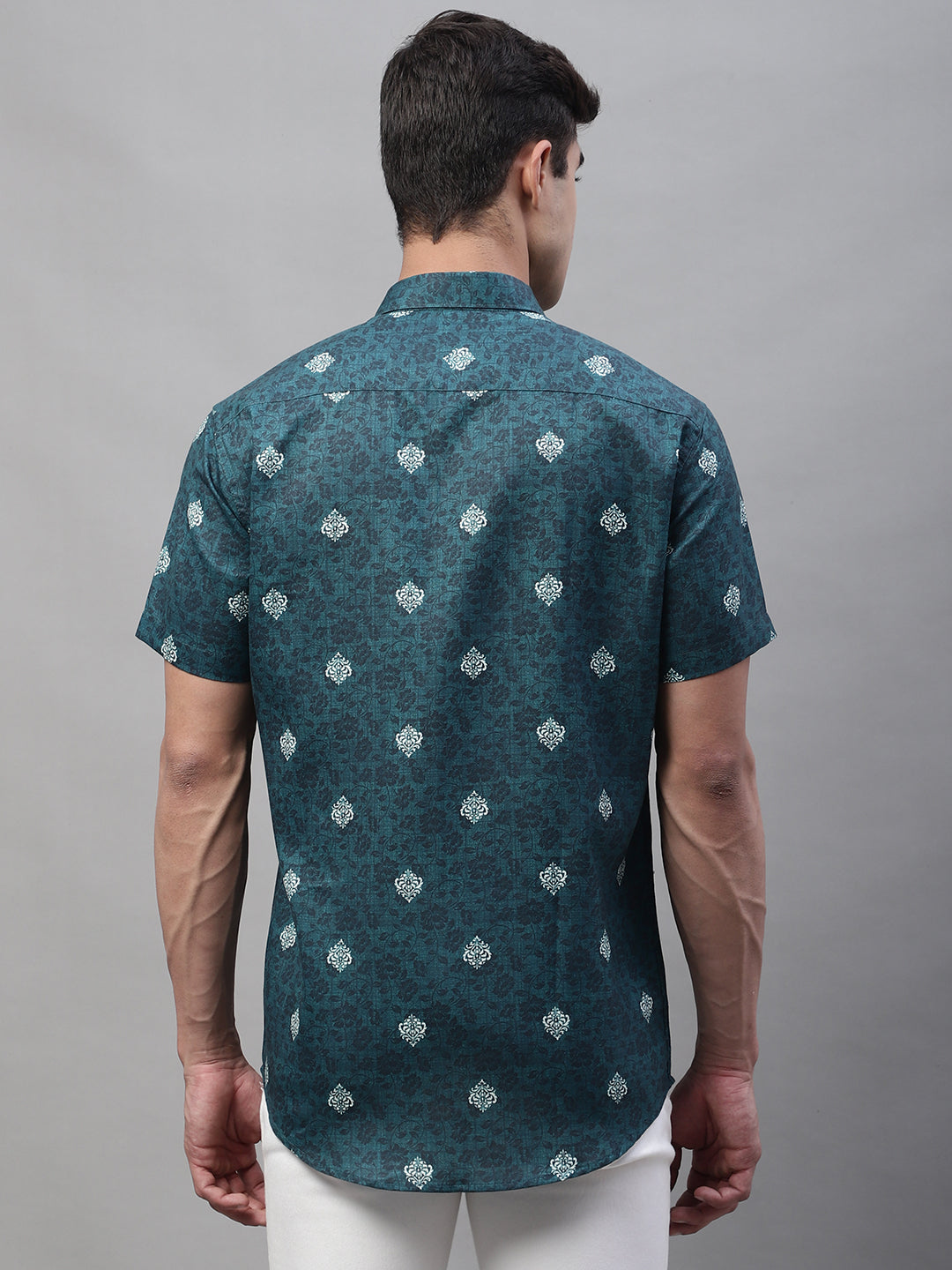 Louis Monarch Men Regular Fit Green Printed Spread Collar Casual Half Shirt