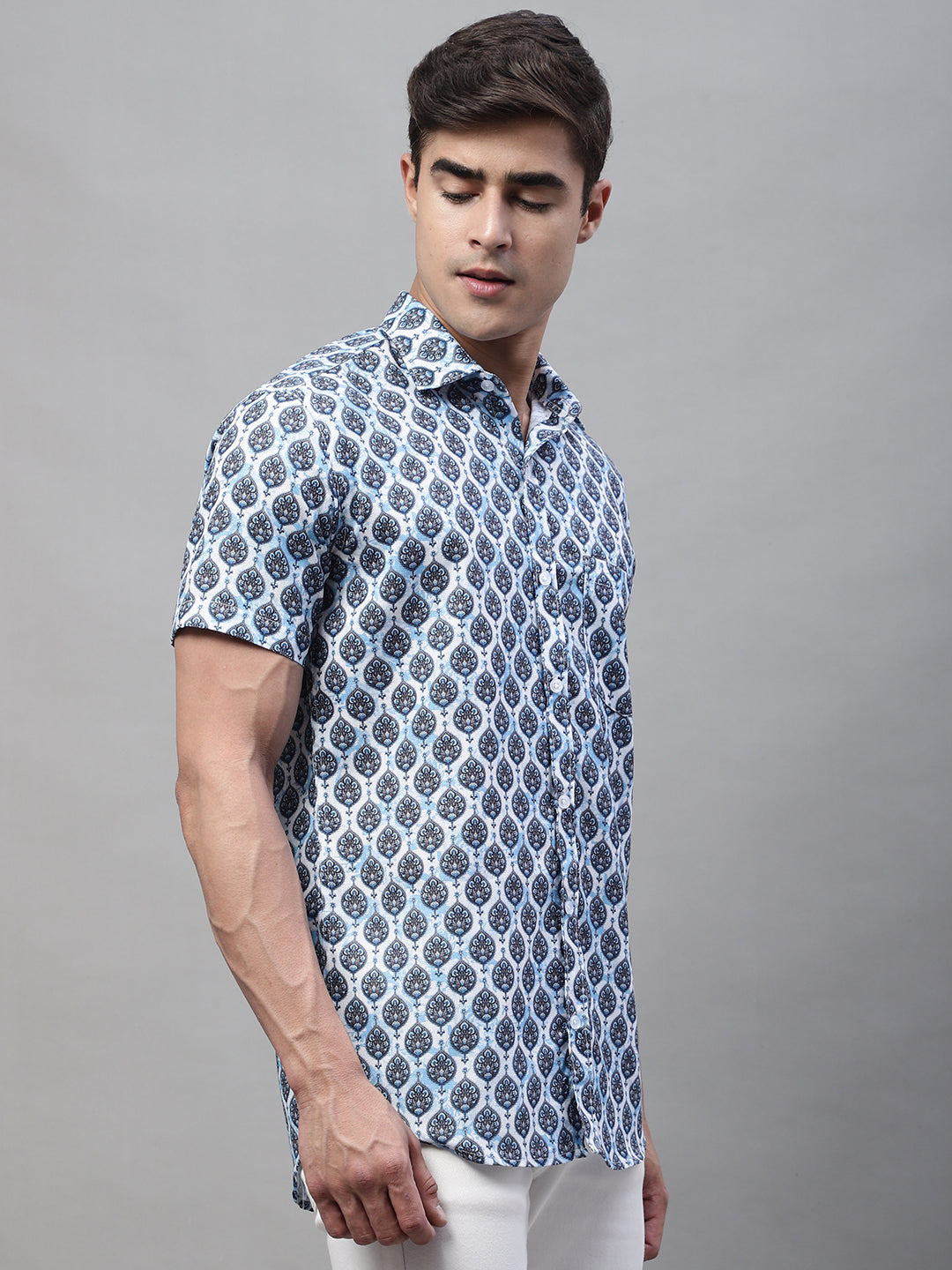 Louis Monarch Men Regular Fit Grey Printed Spread Collar Casual Half Shirt