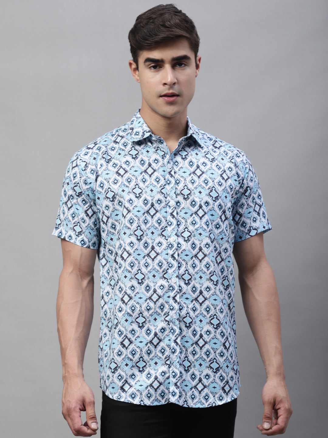 Louis Monarch Men Regular Fit L Blue Printed Spread Collar Casual Half Shirt