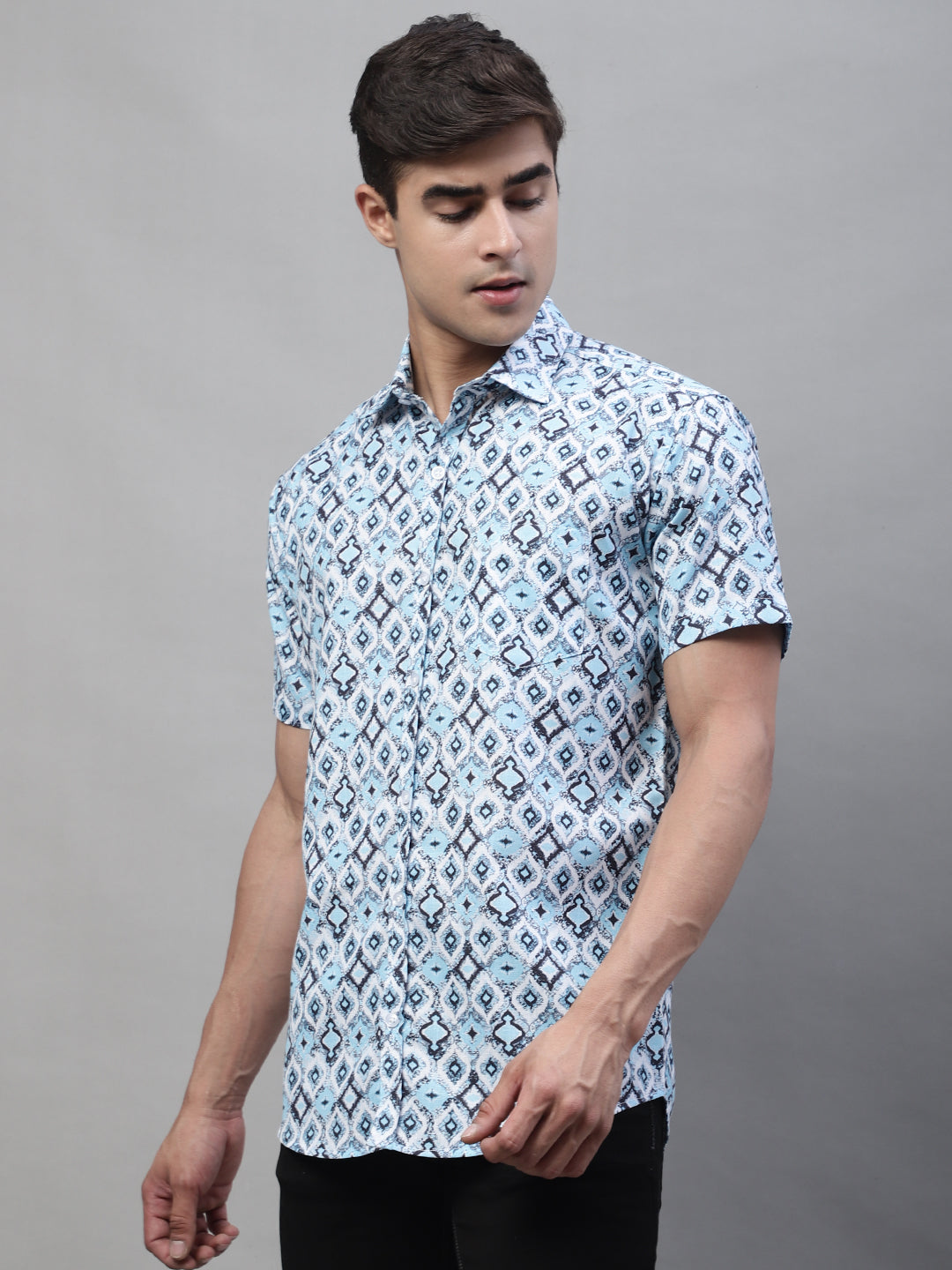 Louis Monarch Men Regular Fit L Blue Printed Spread Collar Casual Half Shirt