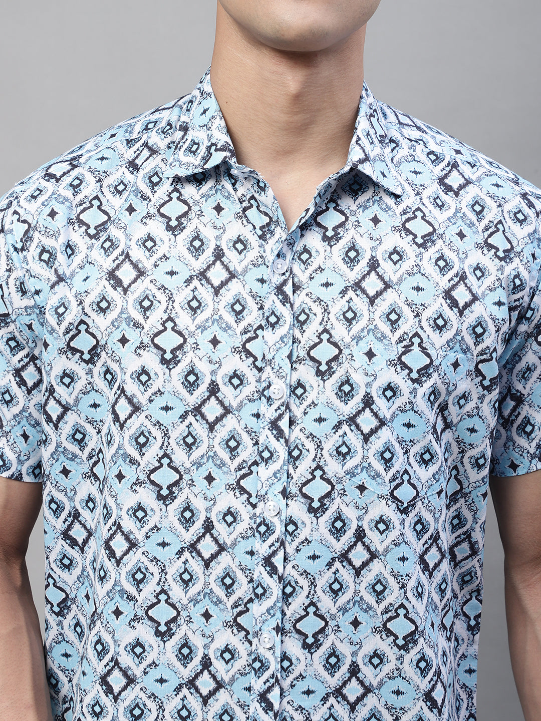 Louis Monarch Men Regular Fit L Blue Printed Spread Collar Casual Half Shirt