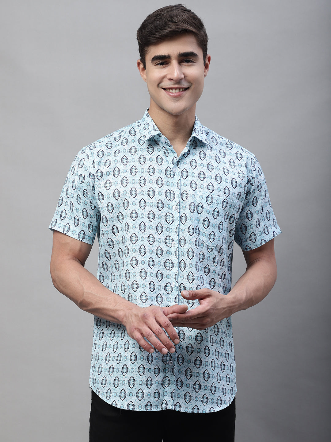 Louis Monarch Men Regular Fit Sky Blue Printed Spread Collar Casual Half Shirt