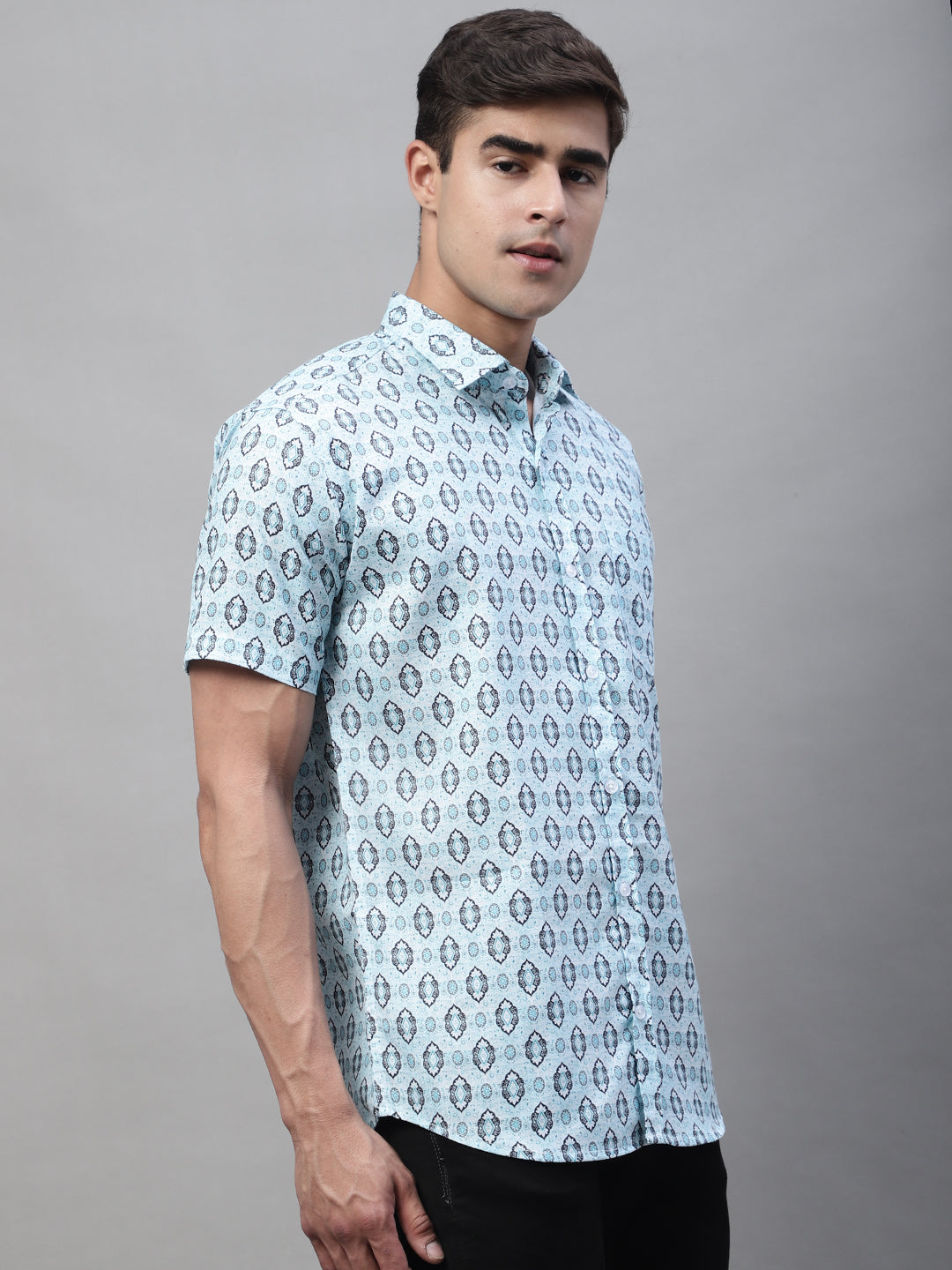 Louis Monarch Men Regular Fit Sky Blue Printed Spread Collar Casual Half Shirt