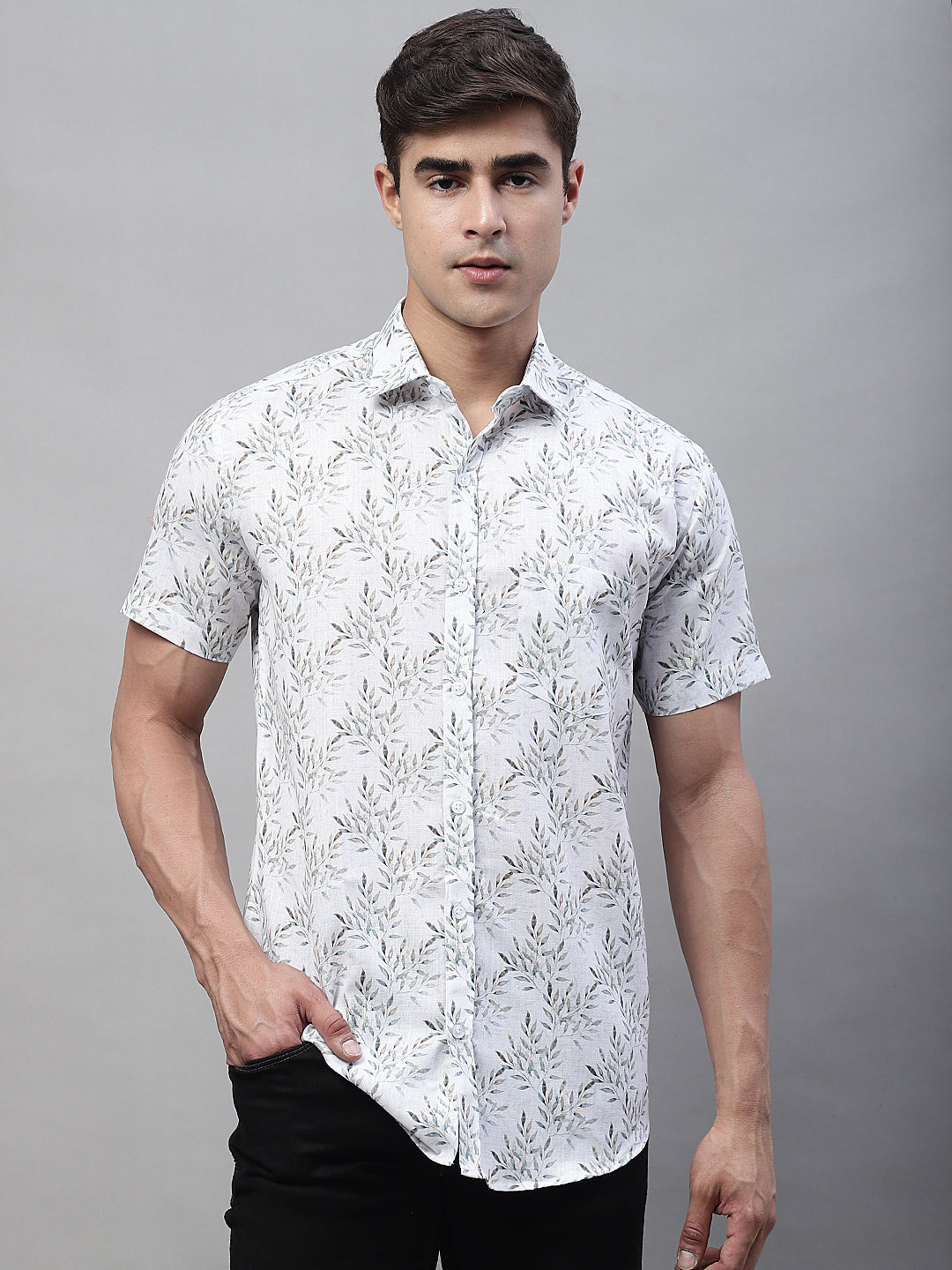 Louis Monarch Men Regular Fit White2 Printed Spread Collar Casual Half Shirt