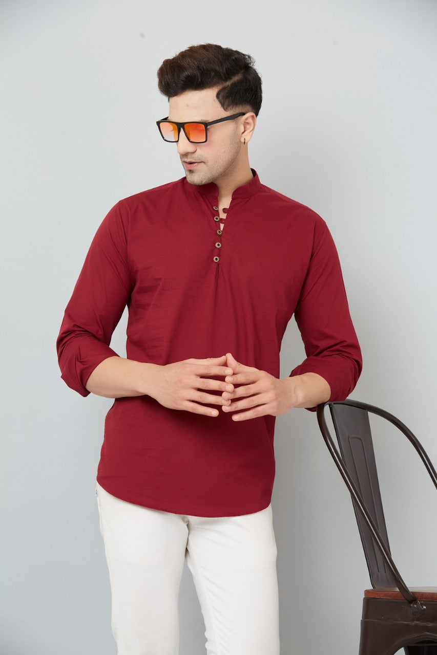Louis Monarch Men Solid Maroon Pure Cotton Straight Short Kurta