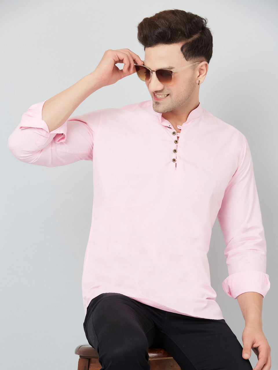 Louis Monarch Men Solid Pink Pure Cotton Straight Short Kurta