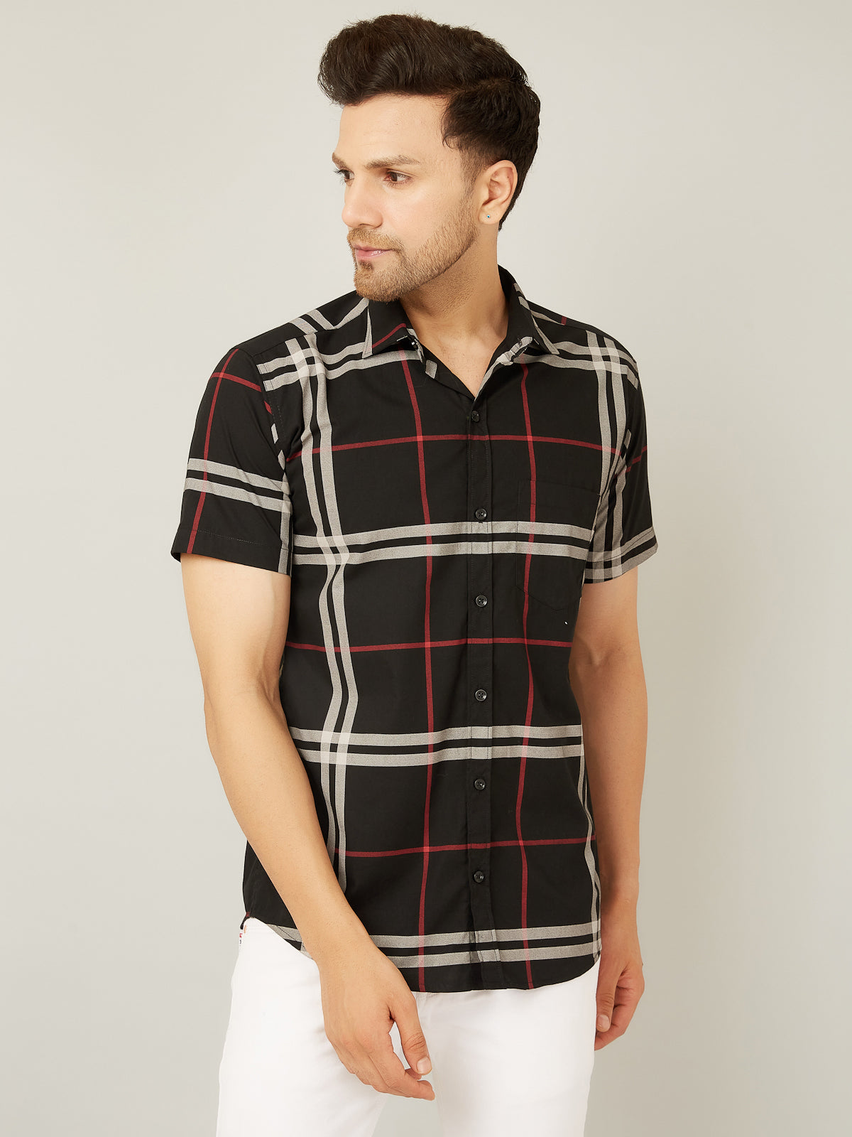 Louis Monarch Men Regular Fit Black Checkered Spread Collar Casual Half Shirt