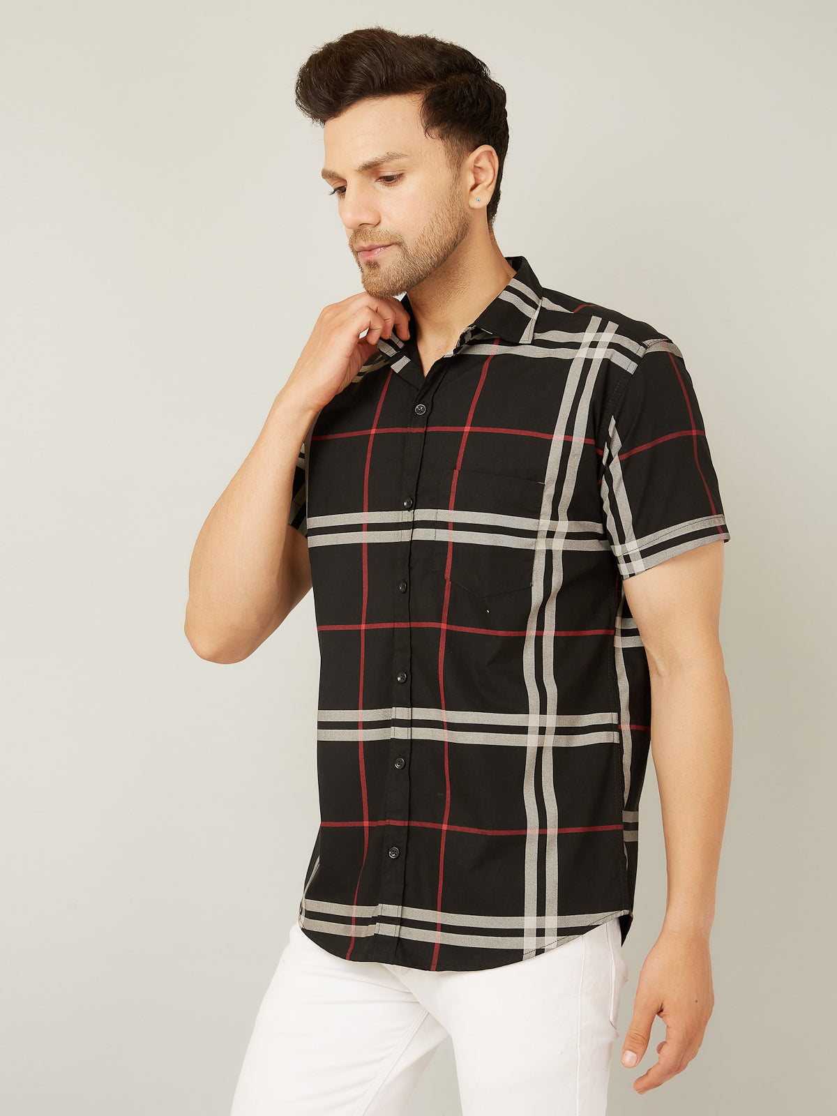 Louis Monarch Men Regular Fit Black Checkered Spread Collar Casual Half Shirt