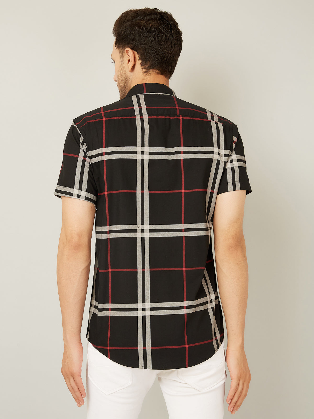 Louis Monarch Men Regular Fit Black Checkered Spread Collar Casual Half Shirt