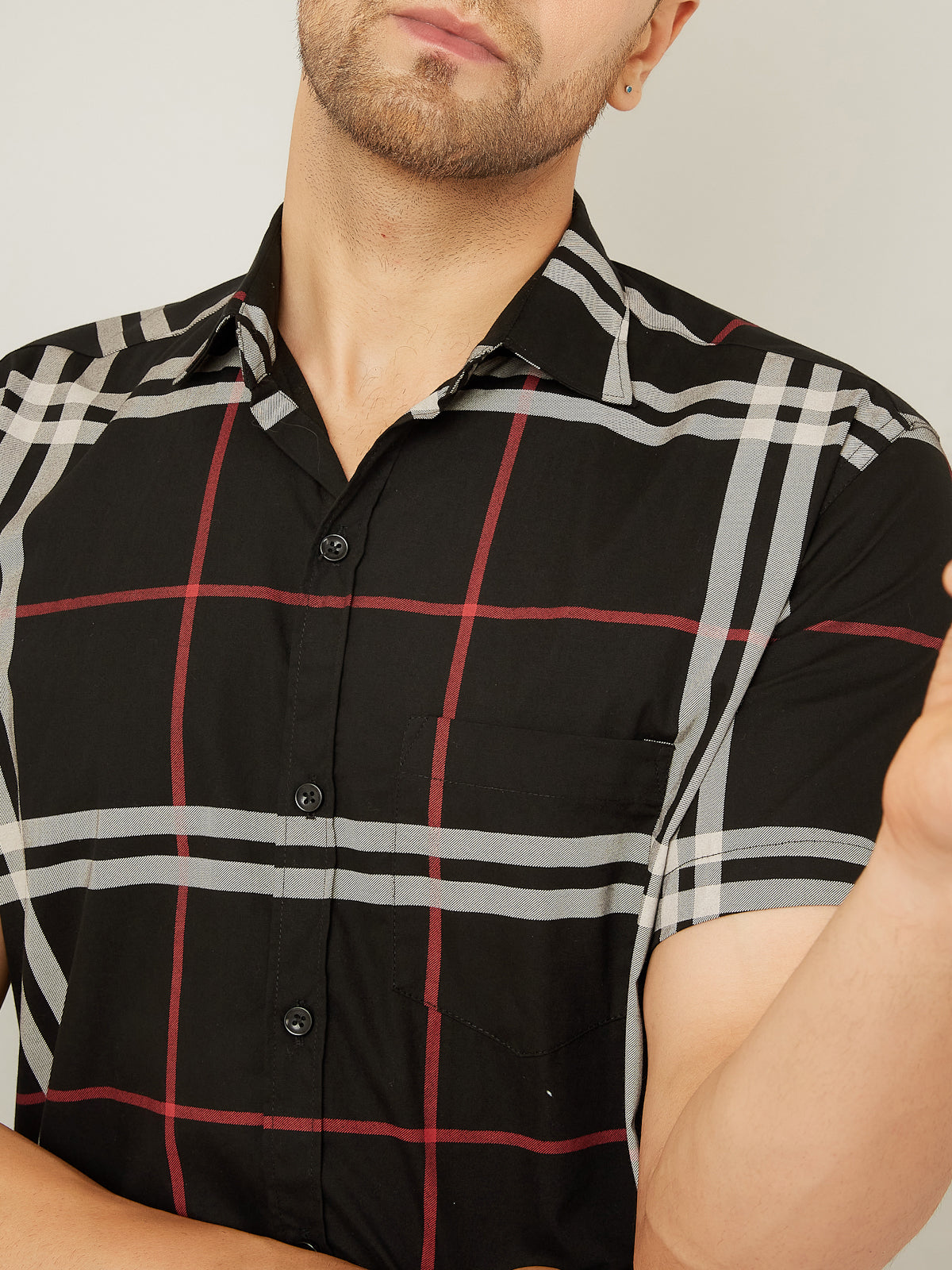 Louis Monarch Men Regular Fit Black Checkered Spread Collar Casual Half Shirt