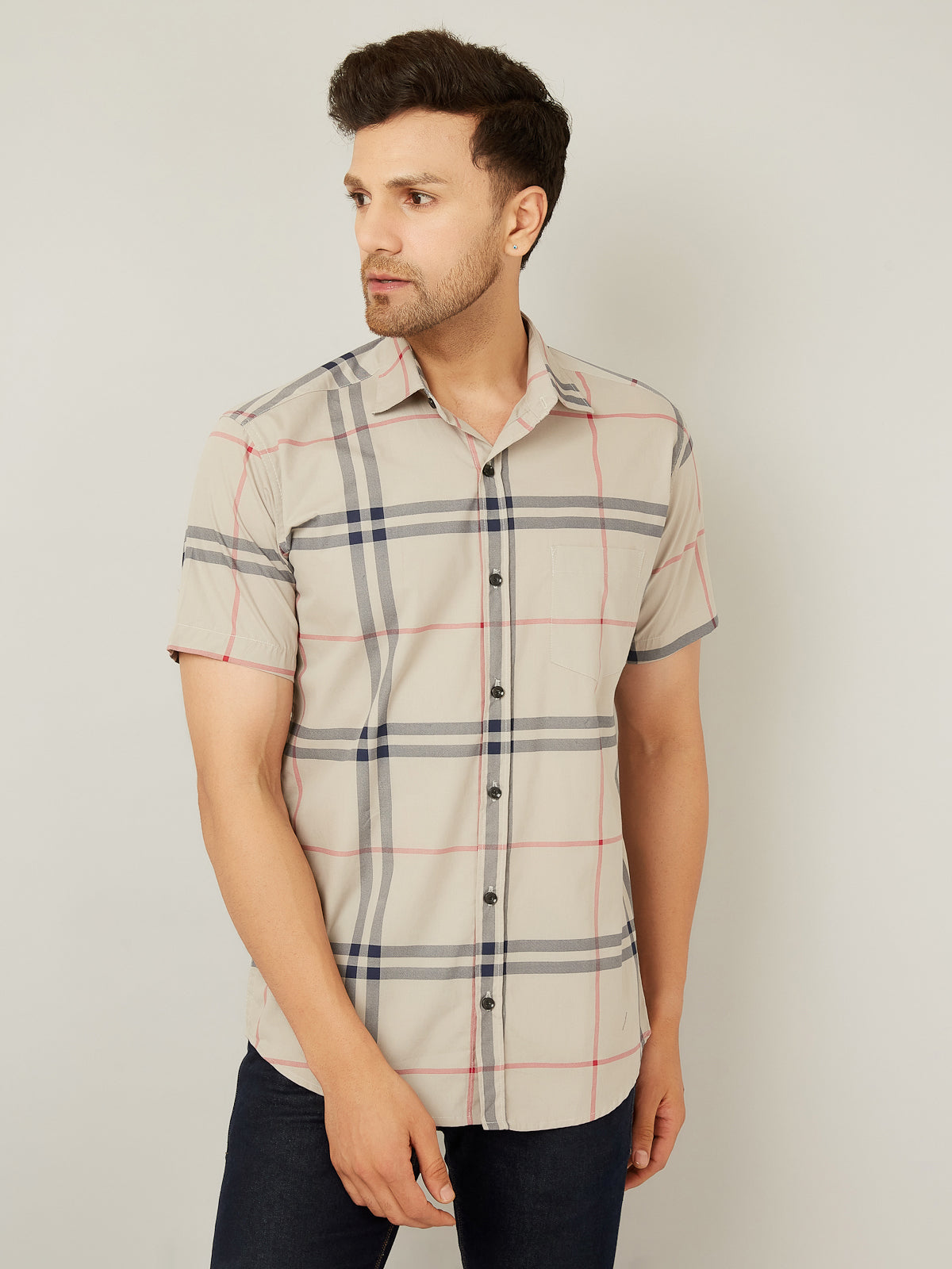 Louis Monarch Men Regular Fit Grey Checkered Spread Collar Casual Half Shirt