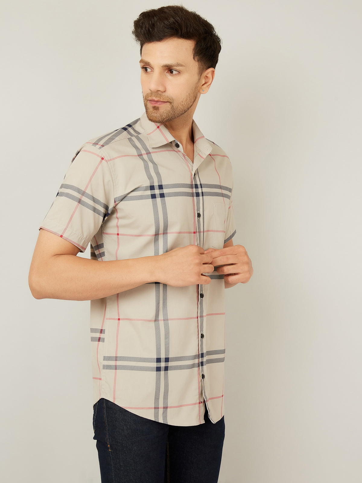 Louis Monarch Men Regular Fit Grey Checkered Spread Collar Casual Half Shirt