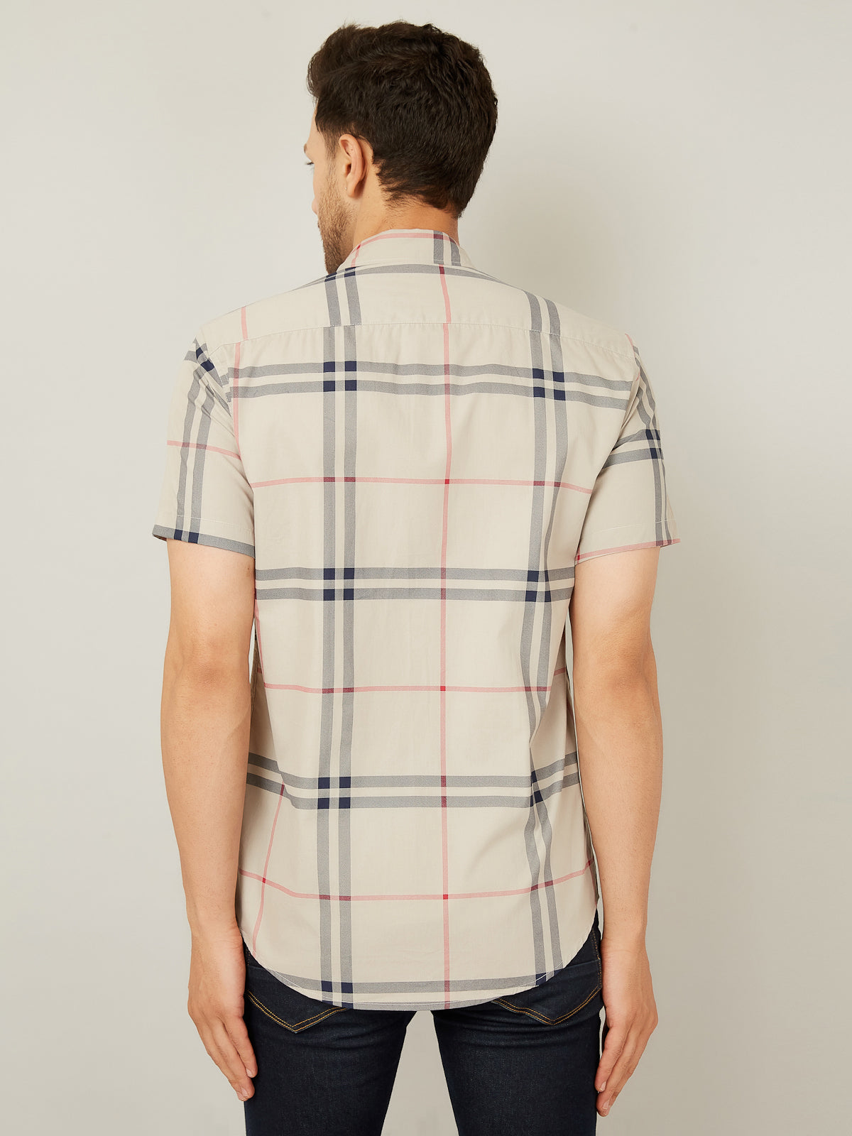 Louis Monarch Men Regular Fit Grey Checkered Spread Collar Casual Half Shirt