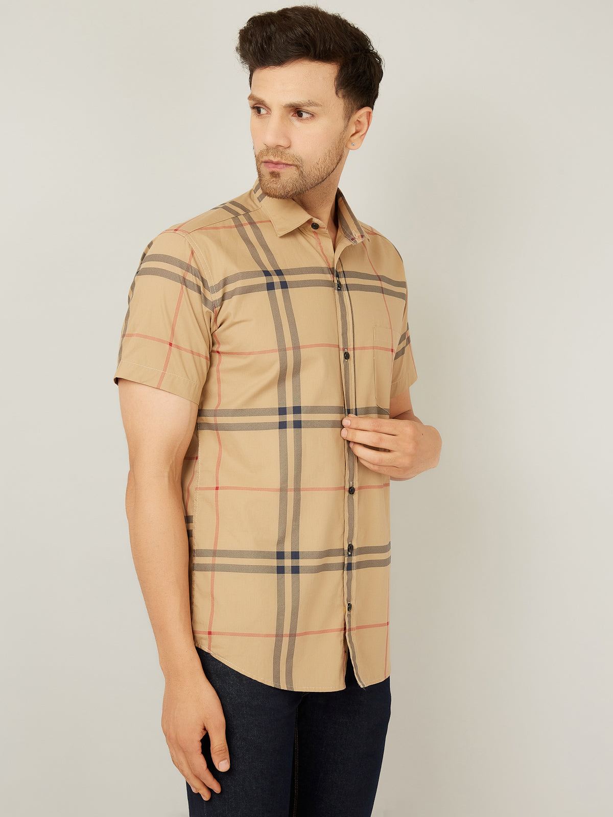 Louis Monarch Men Regular Fit Yellow Checkered Spread Collar Casual Half Shirt