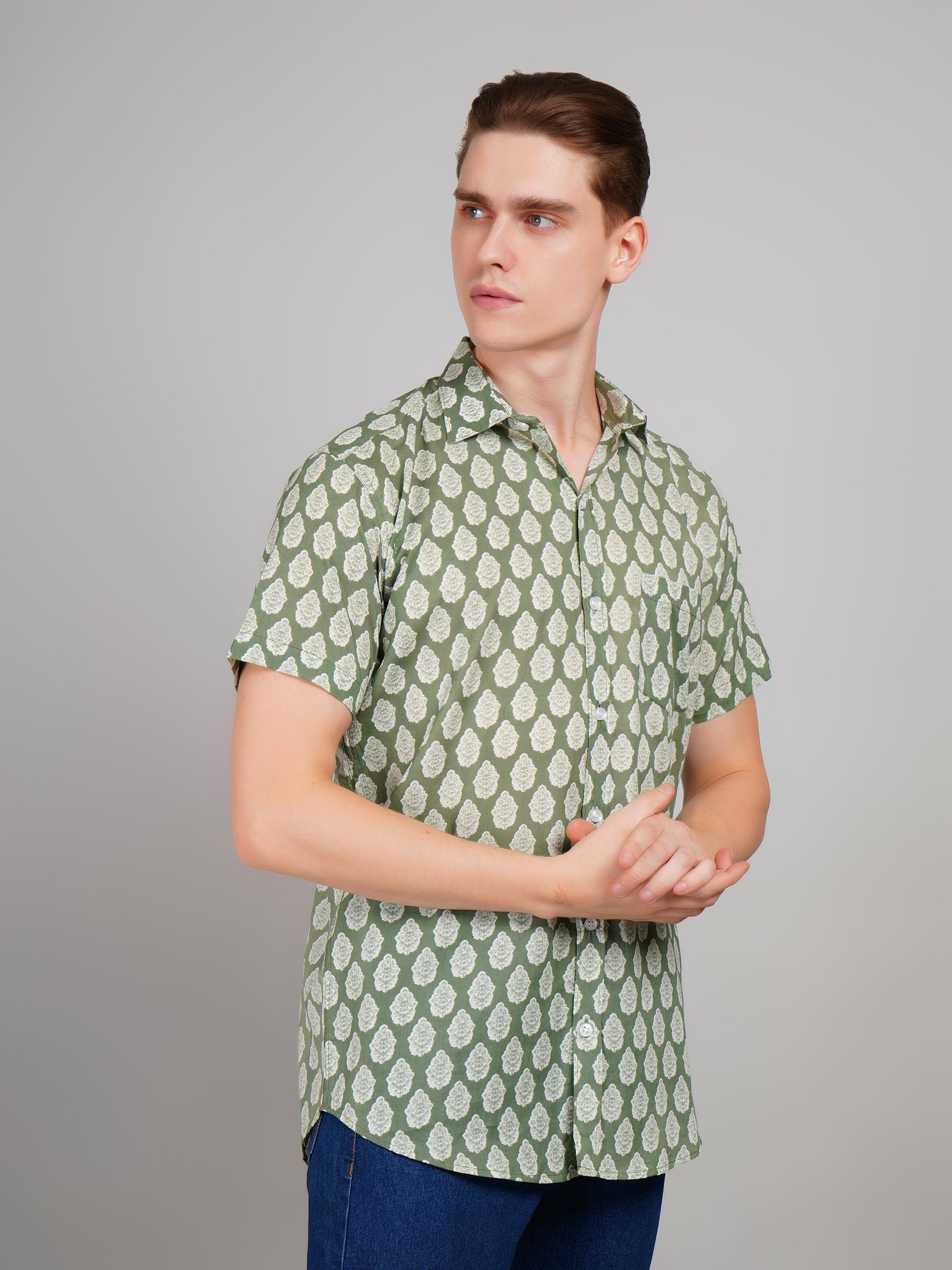 Louis Monarch Premium Light Green Jaipuri Printed Cotton Half Sleeve Casual Shirt
