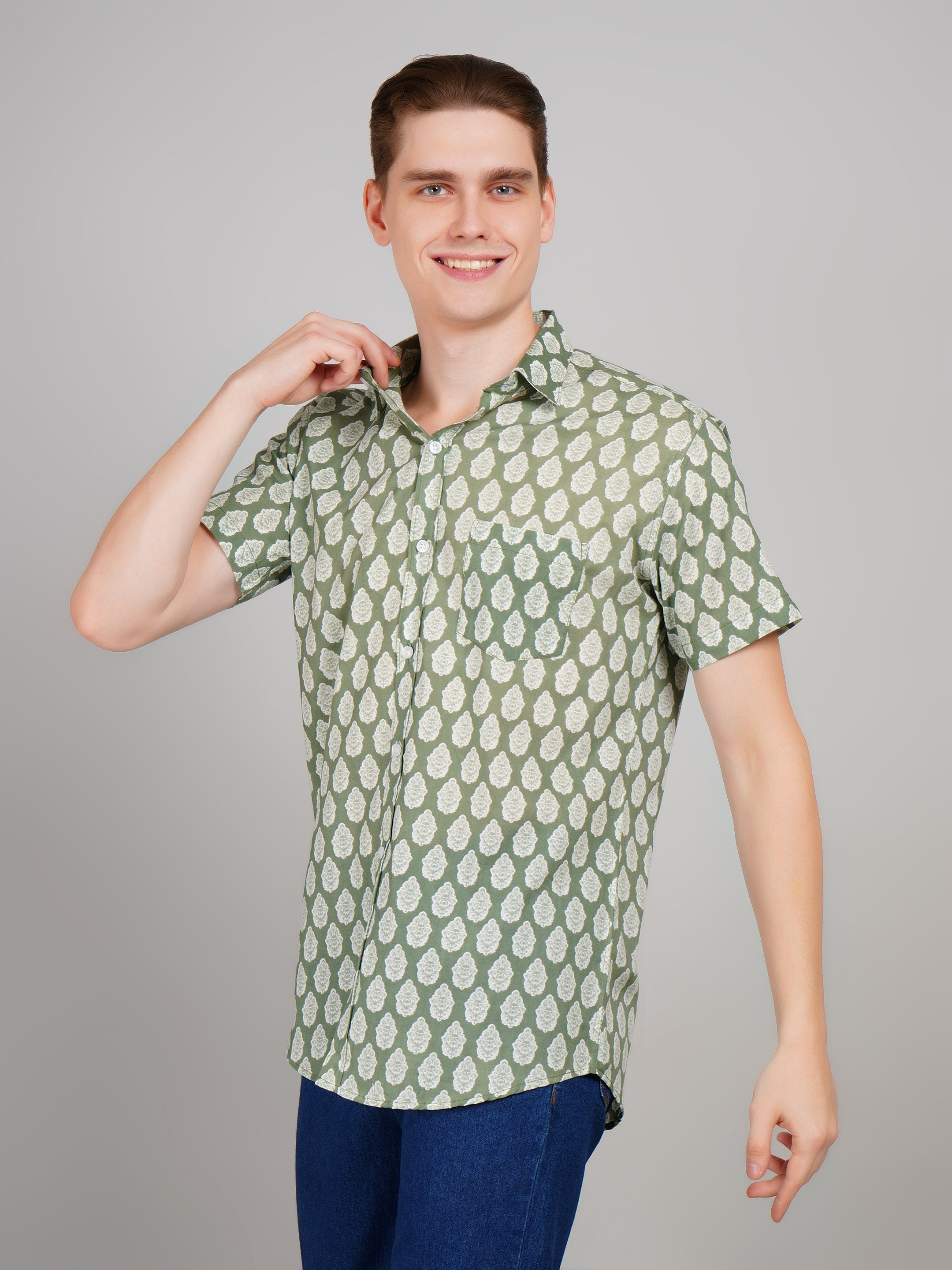 Louis Monarch Premium Light Green Jaipuri Printed Cotton Half Sleeve Casual Shirt