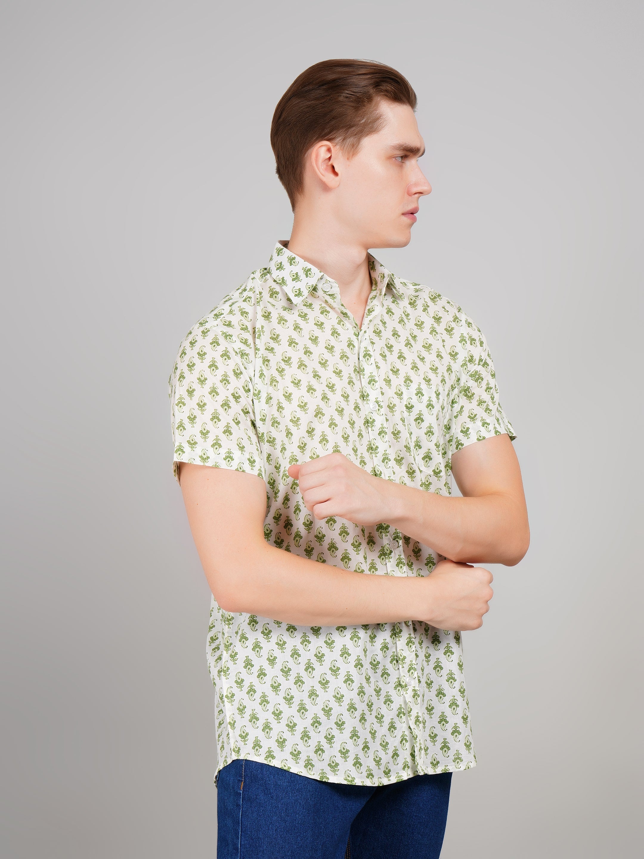 Louis Monarch Premium Jaipuri Printed Cotton Off White Half Sleeve Casual Shirt