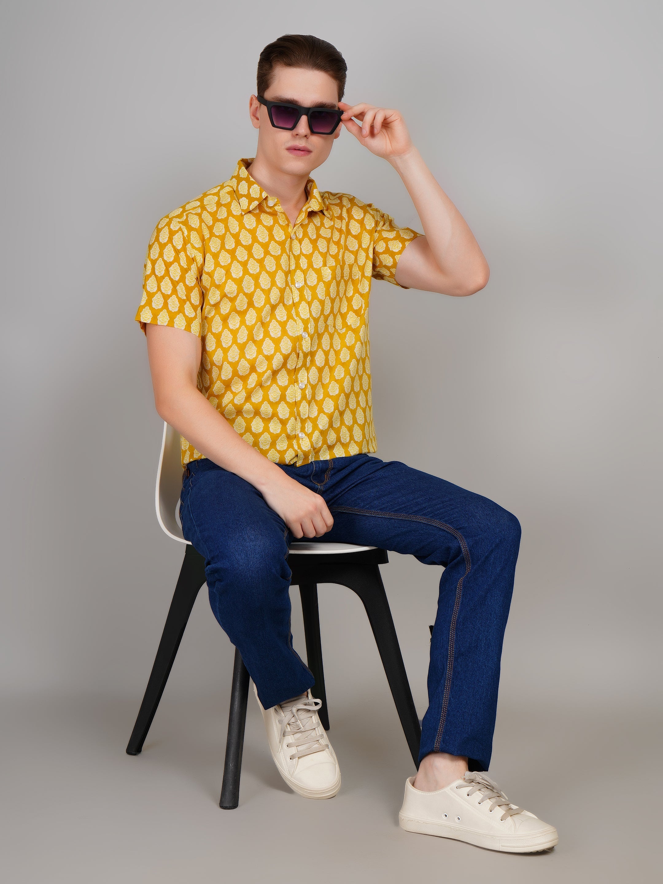 Louis Monarch Premium Jaipuri Printed Cotton Yellow Half Sleeve Casual Shirt