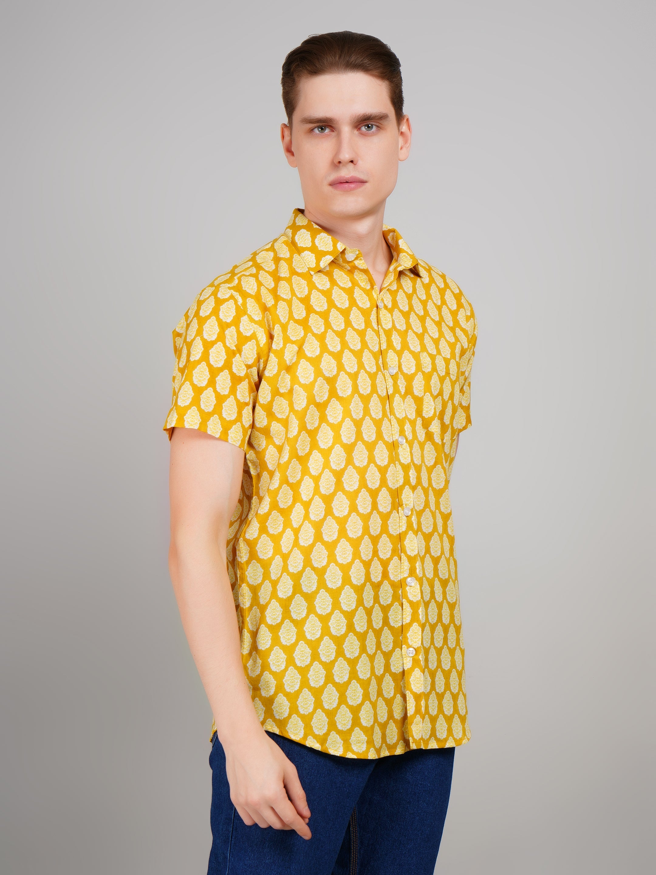Louis Monarch Premium Jaipuri Printed Cotton Yellow Half Sleeve Casual Shirt