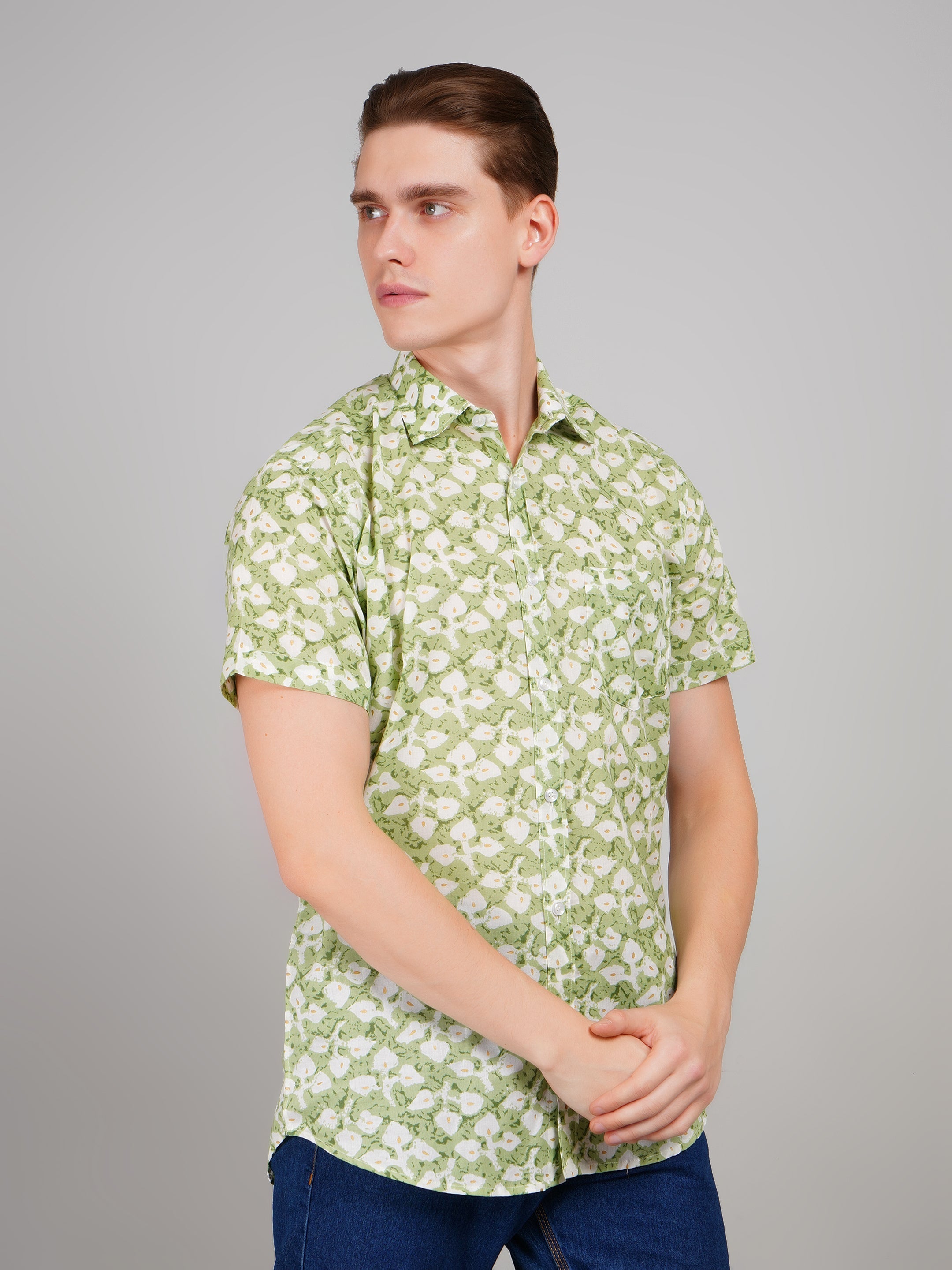 Louis Monarch Premium Jaipuri Printed Cotton Green Half Sleeve Casual Shirt