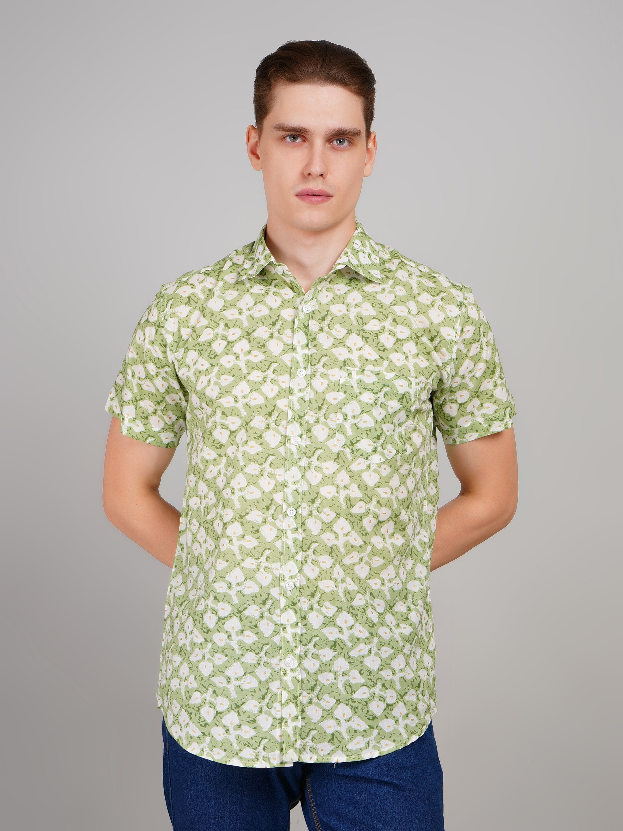 Louis Monarch Premium Jaipuri Printed Cotton Green Half Sleeve Casual Shirt