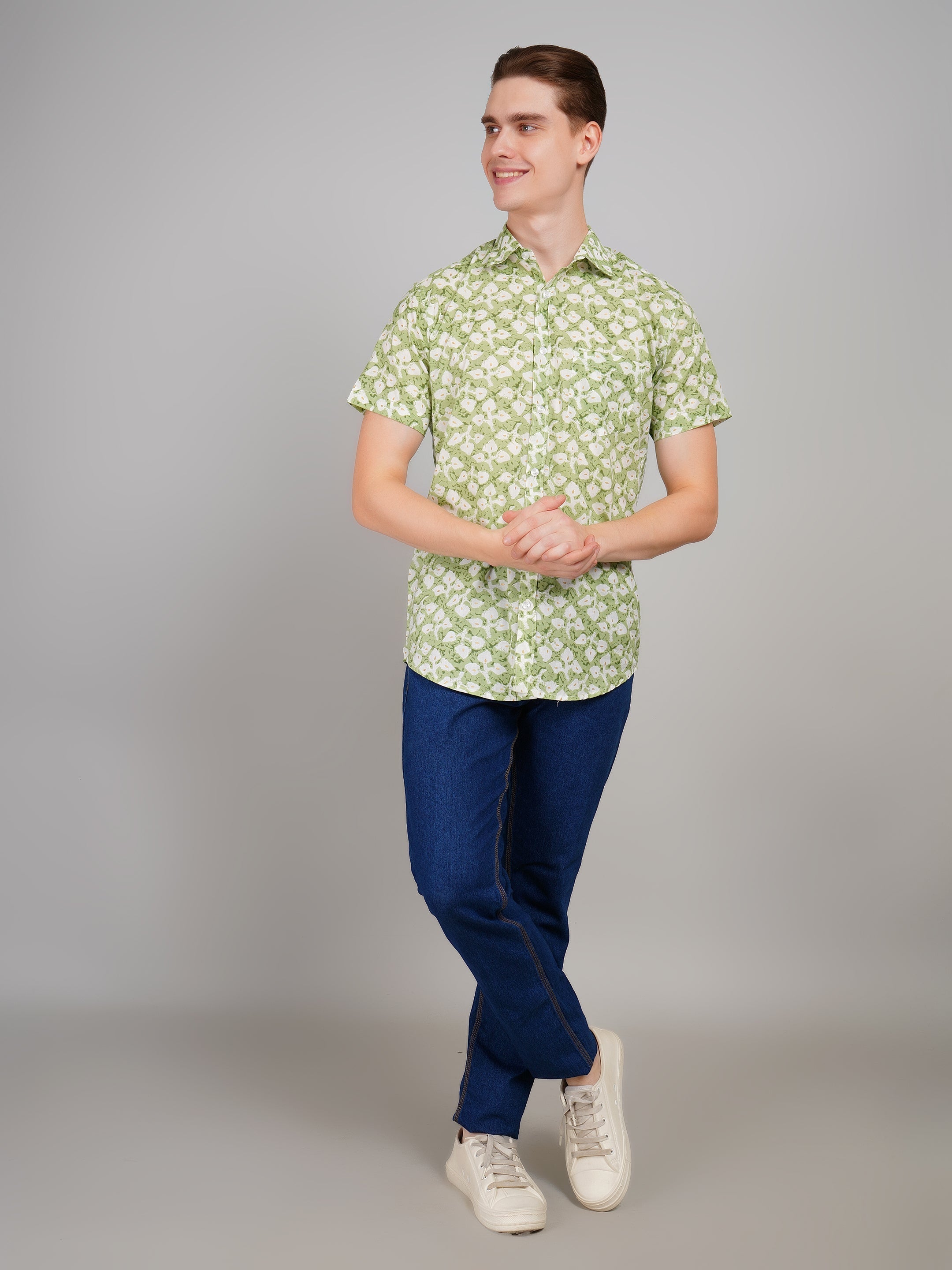 Louis Monarch Premium Jaipuri Printed Cotton Green Half Sleeve Casual Shirt