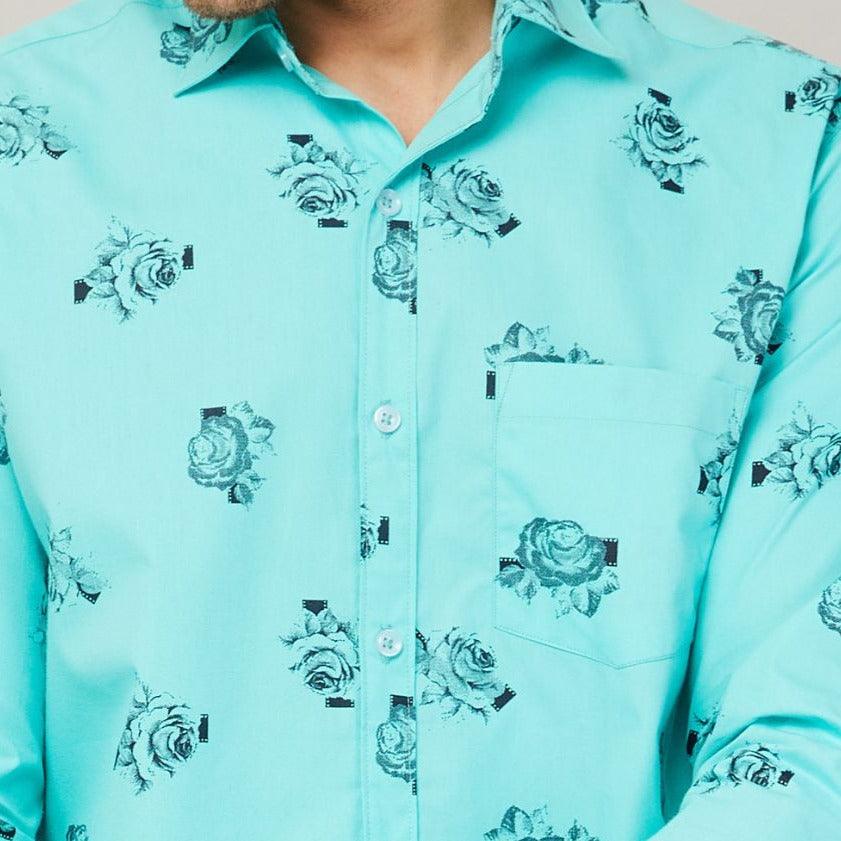Louis Monarch Men Regular Fit Rose Print Aqua Blue Spread Collar Casual Shirt
