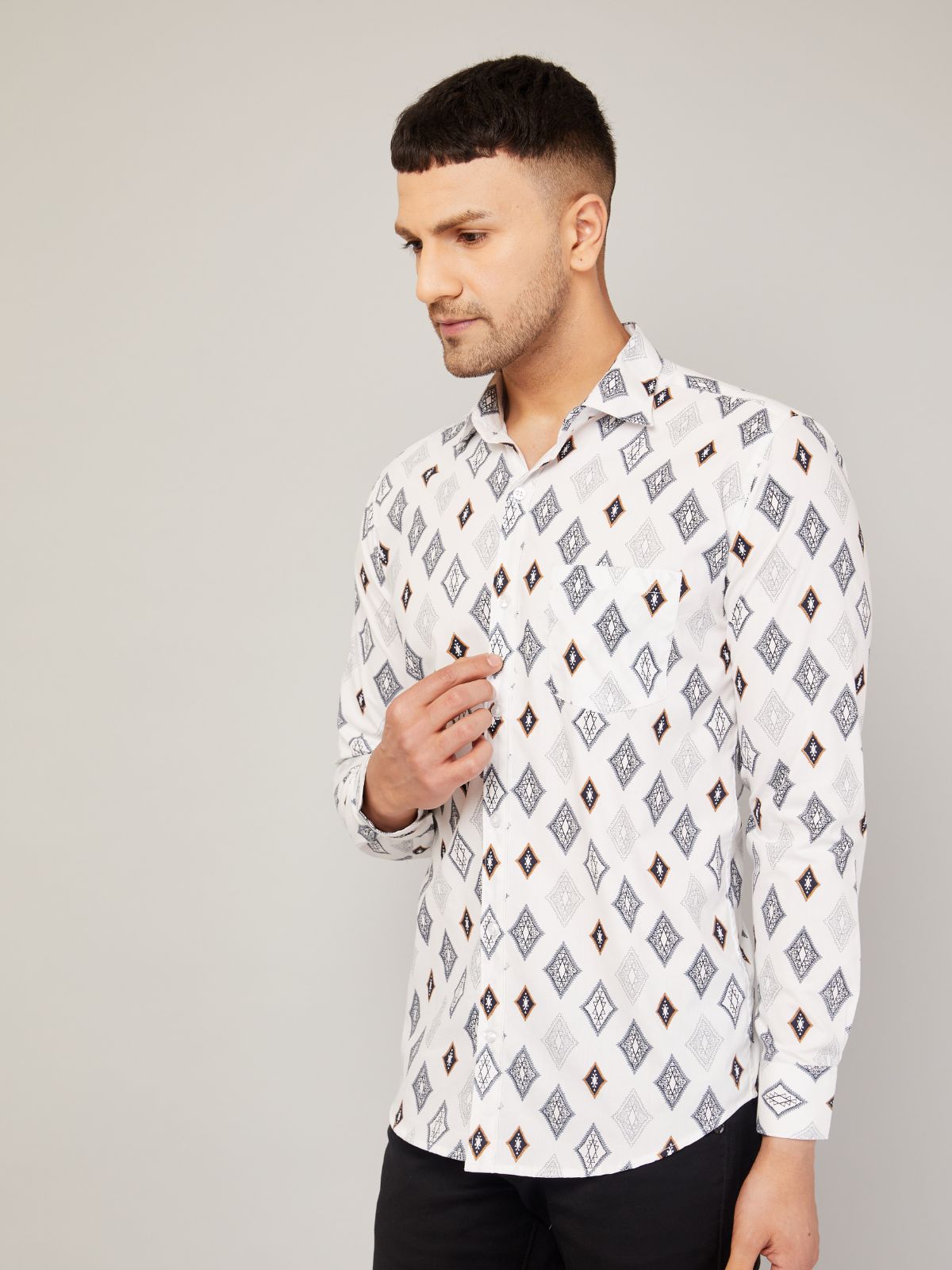 Louis Monarch Men Regular Fit Block Printed White Spread Collar Casual Shirt