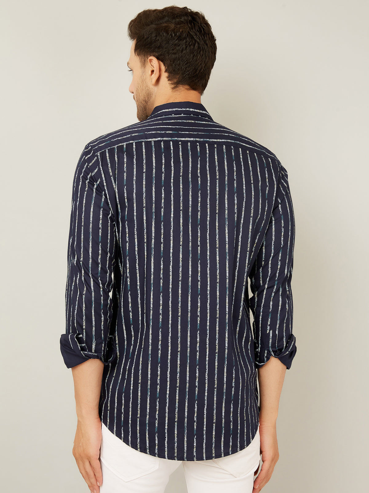 Louis Monarch Men Regular Fit Striped Navy Blue Spread Collar Casual Shirt