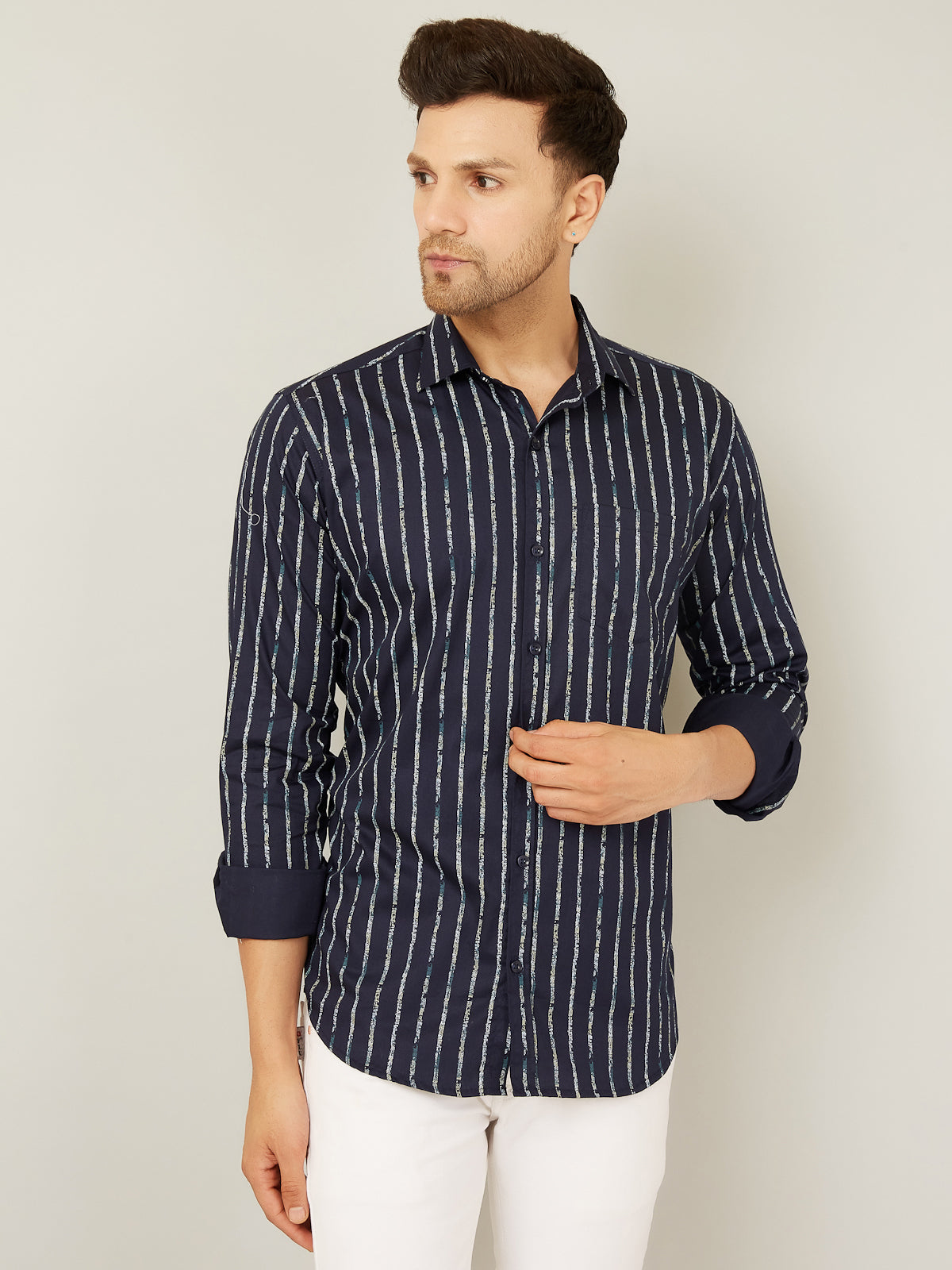 Louis Monarch Men Regular Fit Striped Navy Blue Spread Collar Casual Shirt