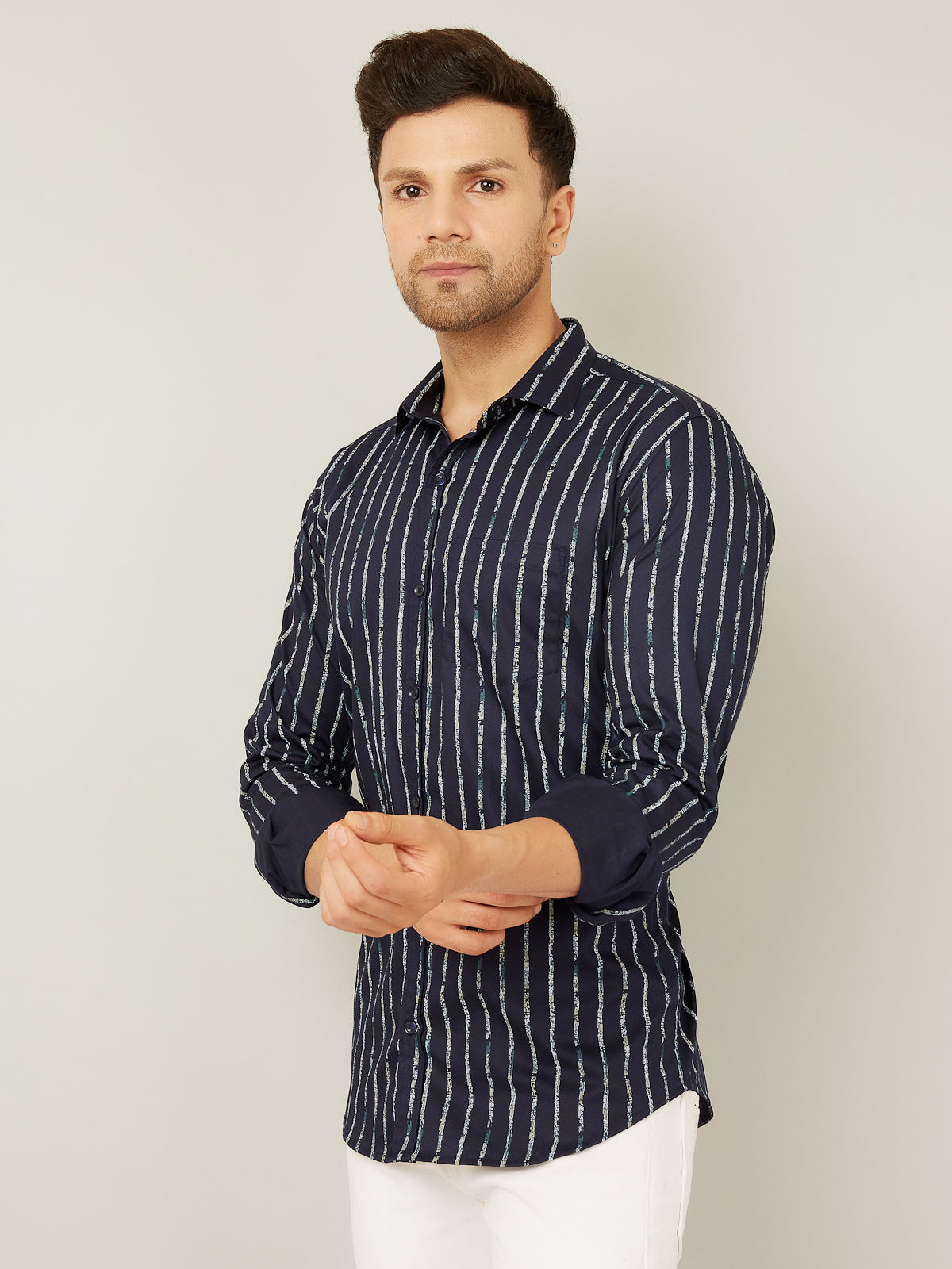 Louis Monarch Men Regular Fit Striped Navy Blue Spread Collar Casual Shirt