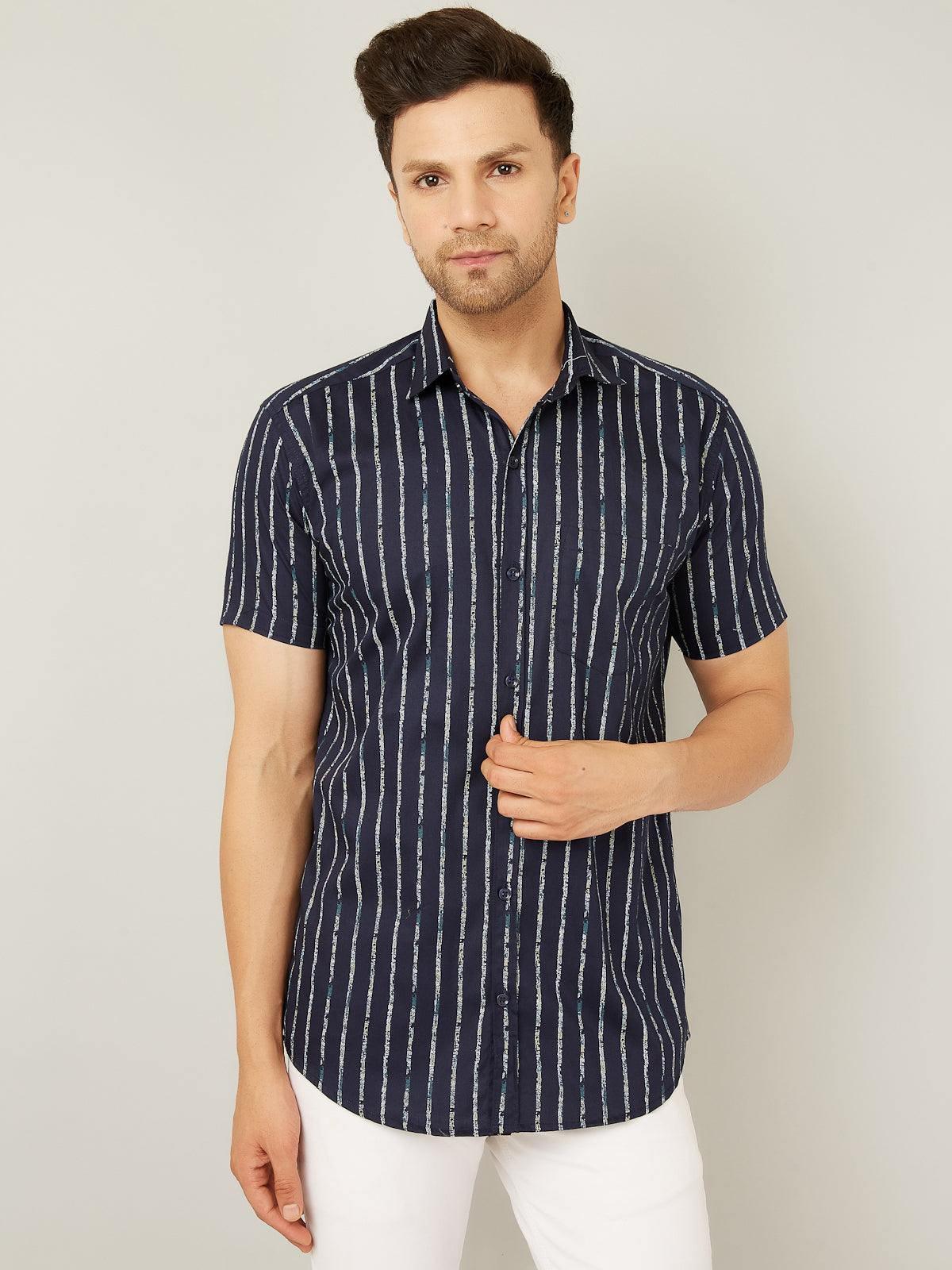 Louis Monarch Men Regular Fit Striped Navy Blue Spread Collar Casual Half Shirt