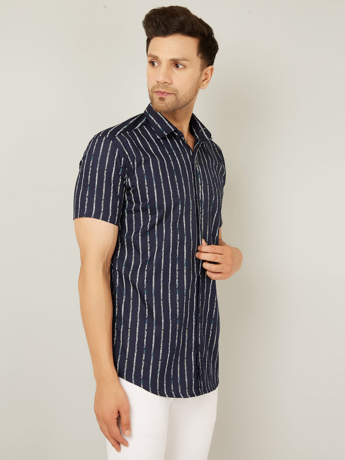 Louis Monarch Men Regular Fit Striped Navy Blue Spread Collar Casual Half Shirt