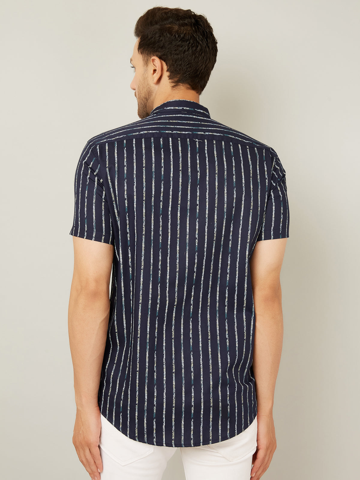 Louis Monarch Men Regular Fit Striped Navy Blue Spread Collar Casual Half Shirt