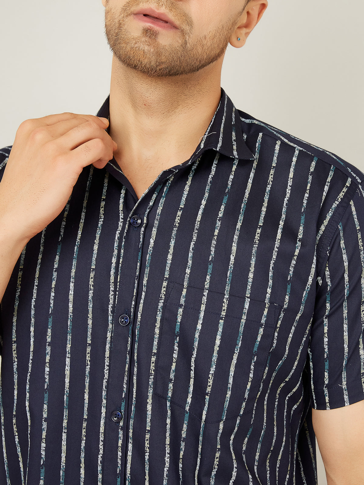 Louis Monarch Men Regular Fit Striped Navy Blue Spread Collar Casual Half Shirt