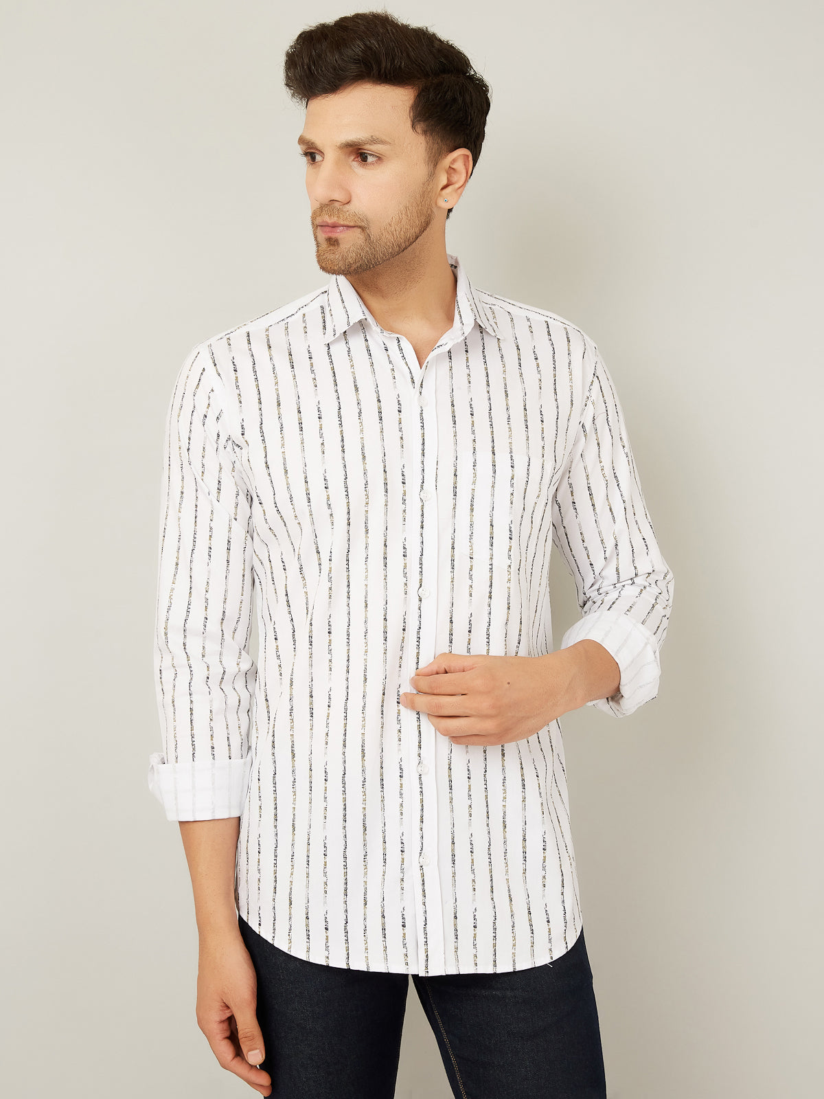 Louis Monarch Men Regular Fit Striped White Spread Collar Casual Shirt