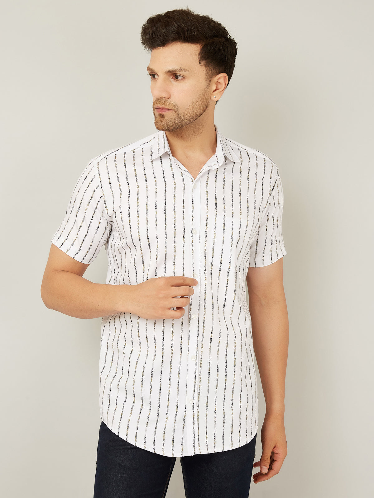 Louis Monarch Men Regular Fit Striped White Spread Collar Casual Half Shirt