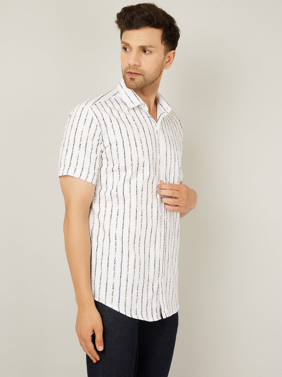 Louis Monarch Men Regular Fit Striped White Spread Collar Casual Half Shirt