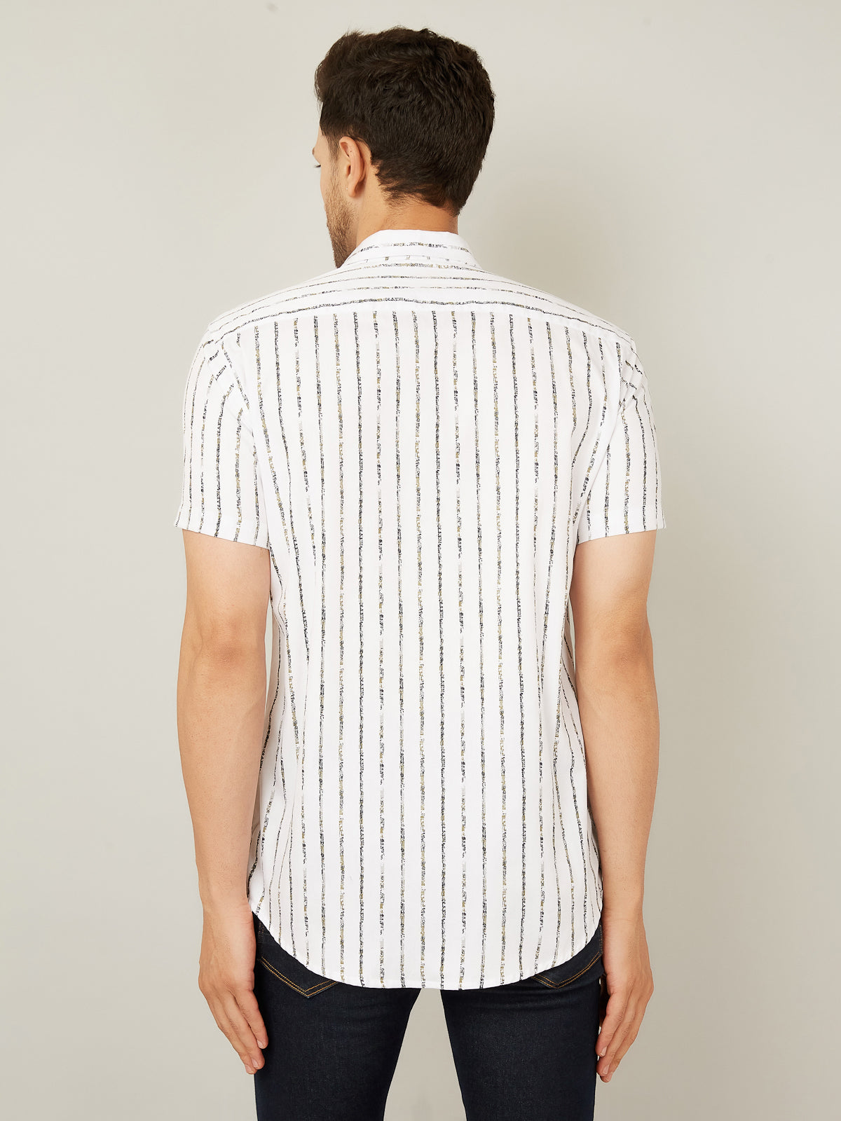 Louis Monarch Men Regular Fit Striped White Spread Collar Casual Half Shirt