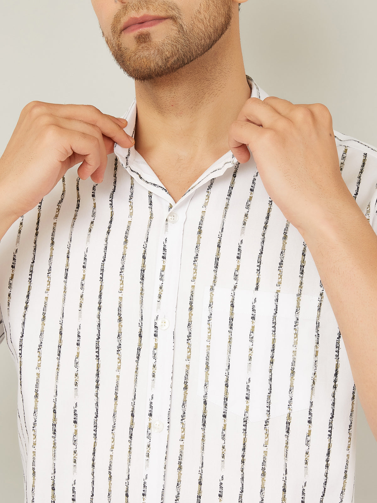 Louis Monarch Men Regular Fit Striped White Spread Collar Casual Half Shirt