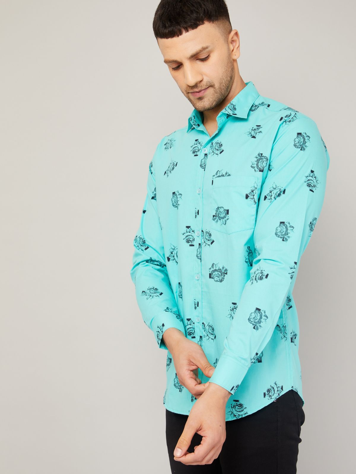 Louis Monarch Men Regular Fit Rose Print Aqua Blue Spread Collar Casual Shirt