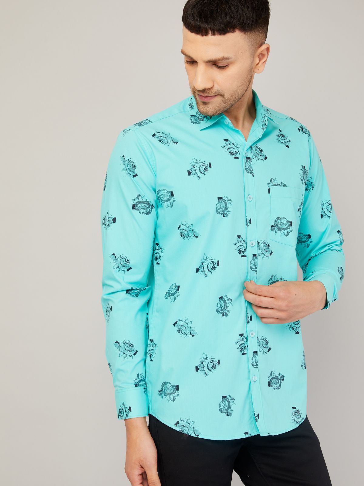 Louis Monarch Men Regular Fit Rose Print Aqua Blue Spread Collar Casual Shirt