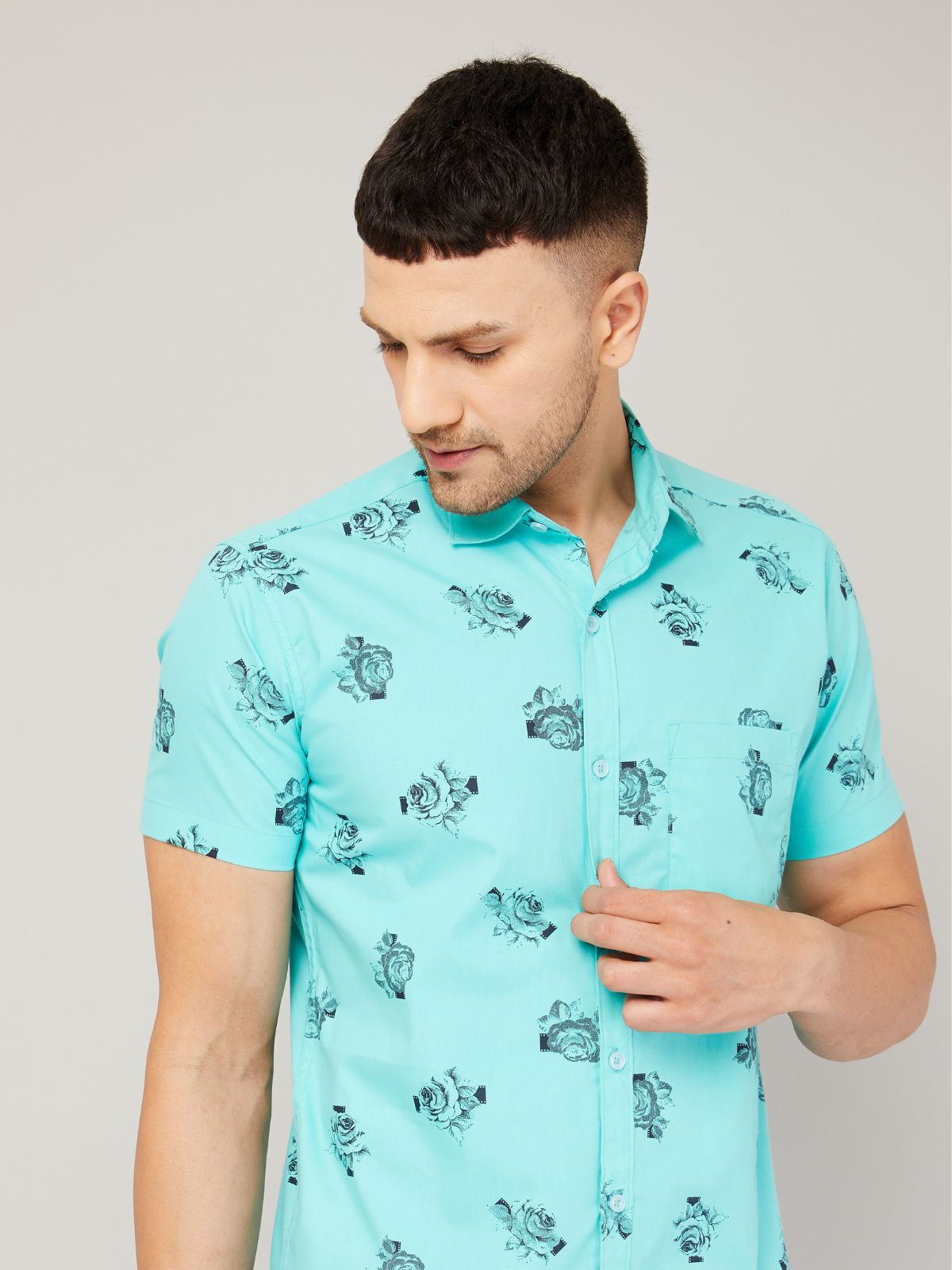 Louis Monarch Men Regular Fit Aqua Blue Printed Spread Collar Casual Half Shirt