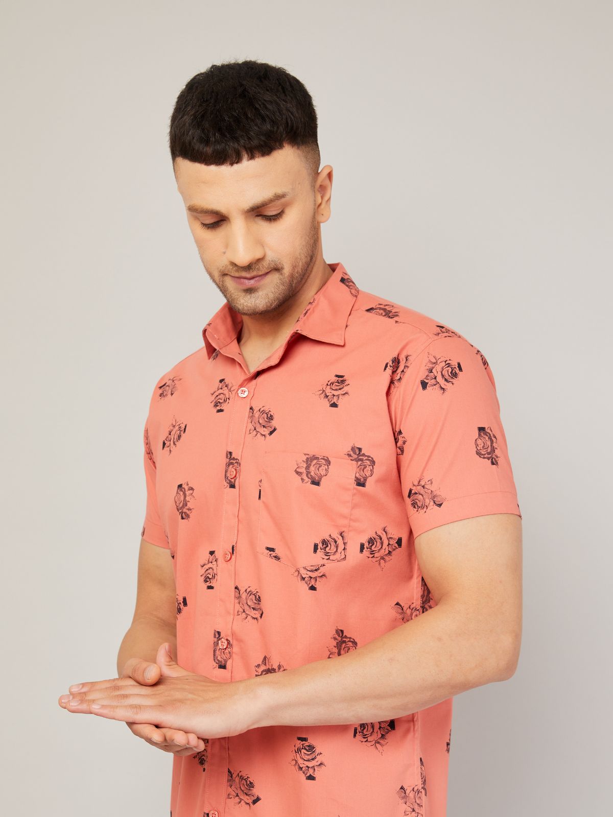 Louis Monarch Men Regular Fit Pink Printed Spread Collar Casual Half Shirt