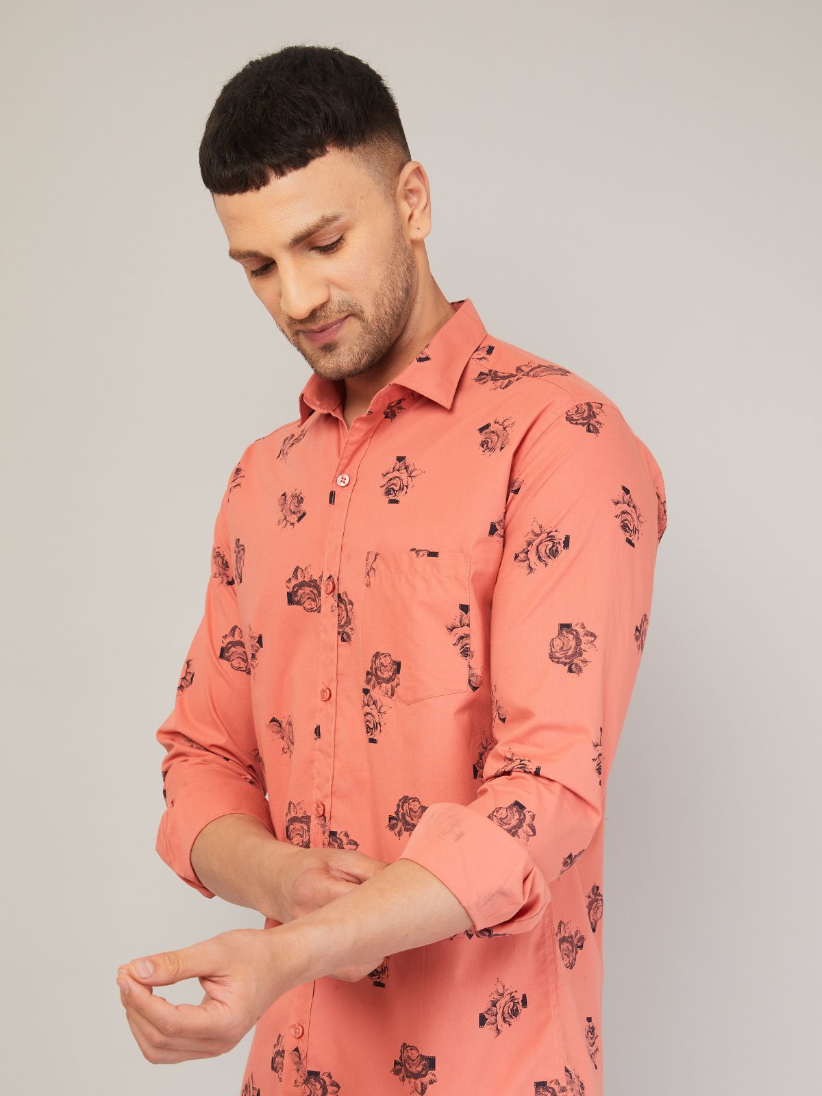 Louis Monarch Men Regular Fit Rose Print Pink Spread Collar Casual Shirt