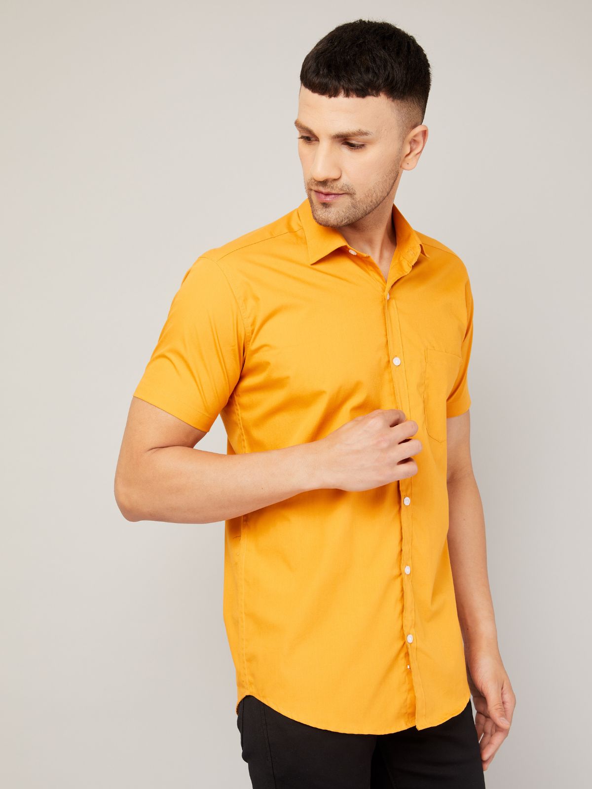 Louis Monarch Men Regular Fit Solid Yellow Spread Collar Casual Half Shirt