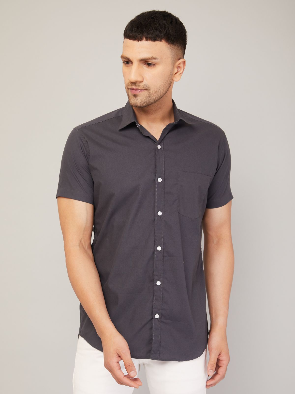 Louis Monarch Men Regular Fit Solid Grey Spread Collar Casual Half Shirt