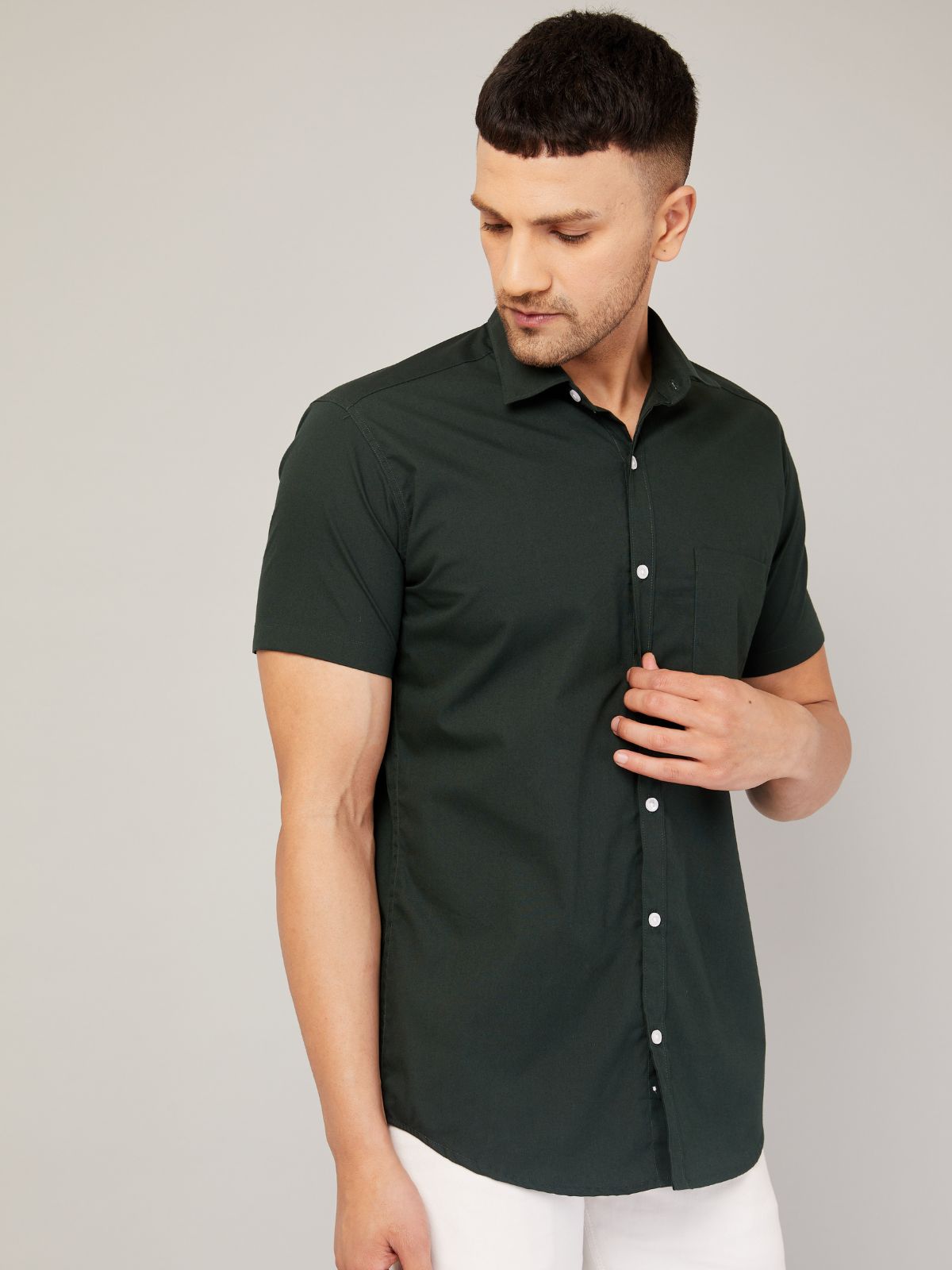 Louis Monarch Men Regular Fit Solid Dark Green Spread Collar Casual Half Shirt