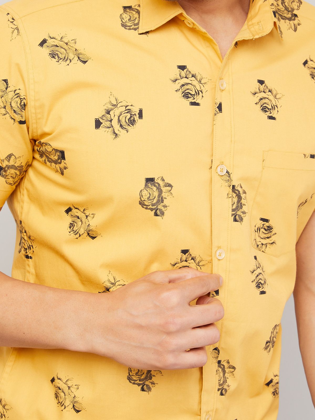 Louis Monarch Men Regular Fit Yellow Printed Spread Collar Casual Half Shirt